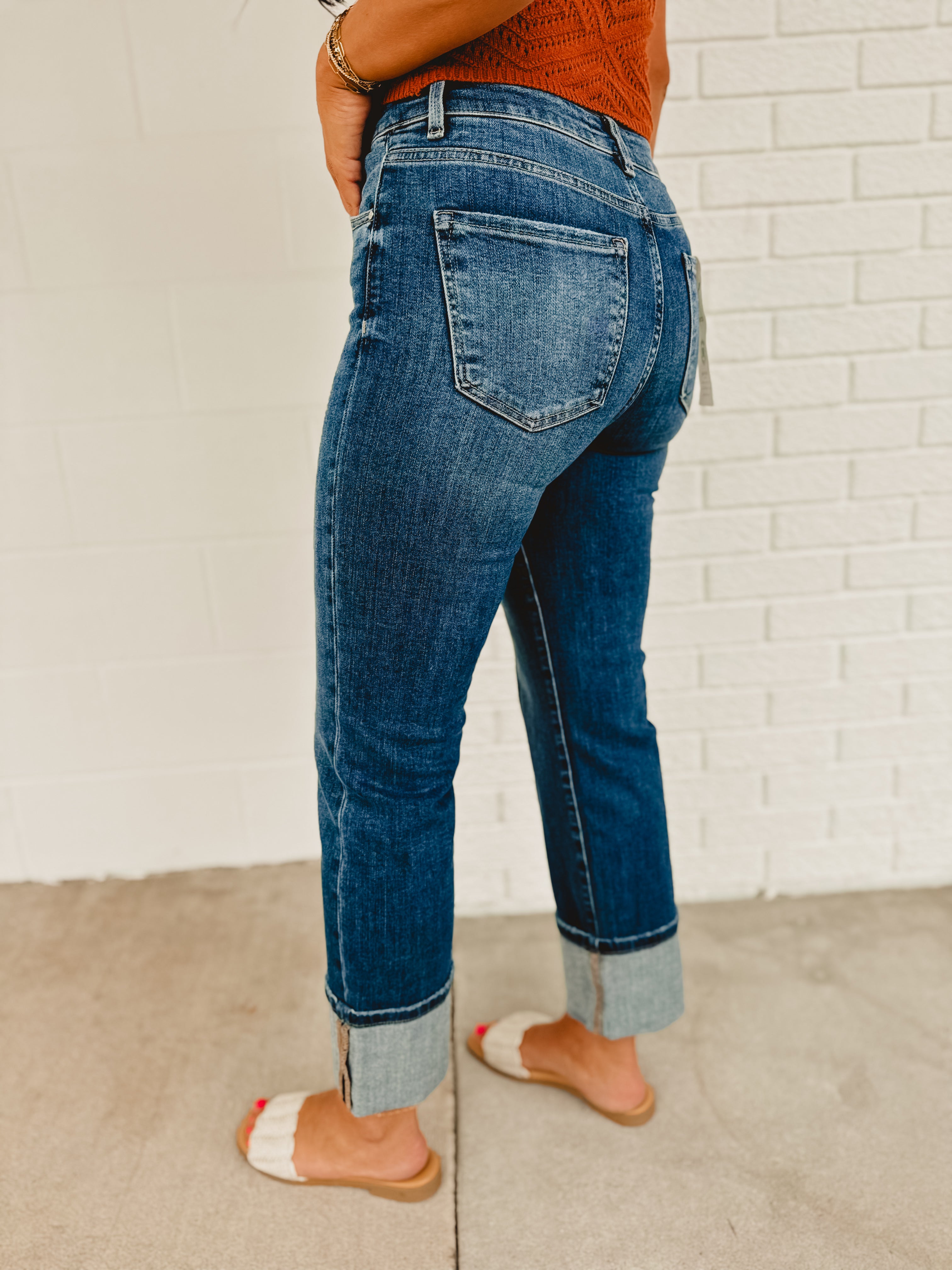 Front Seam High Rise-Ankle Wide Cuffed Jeans - Dark Denim - Lace and Grace Boutique