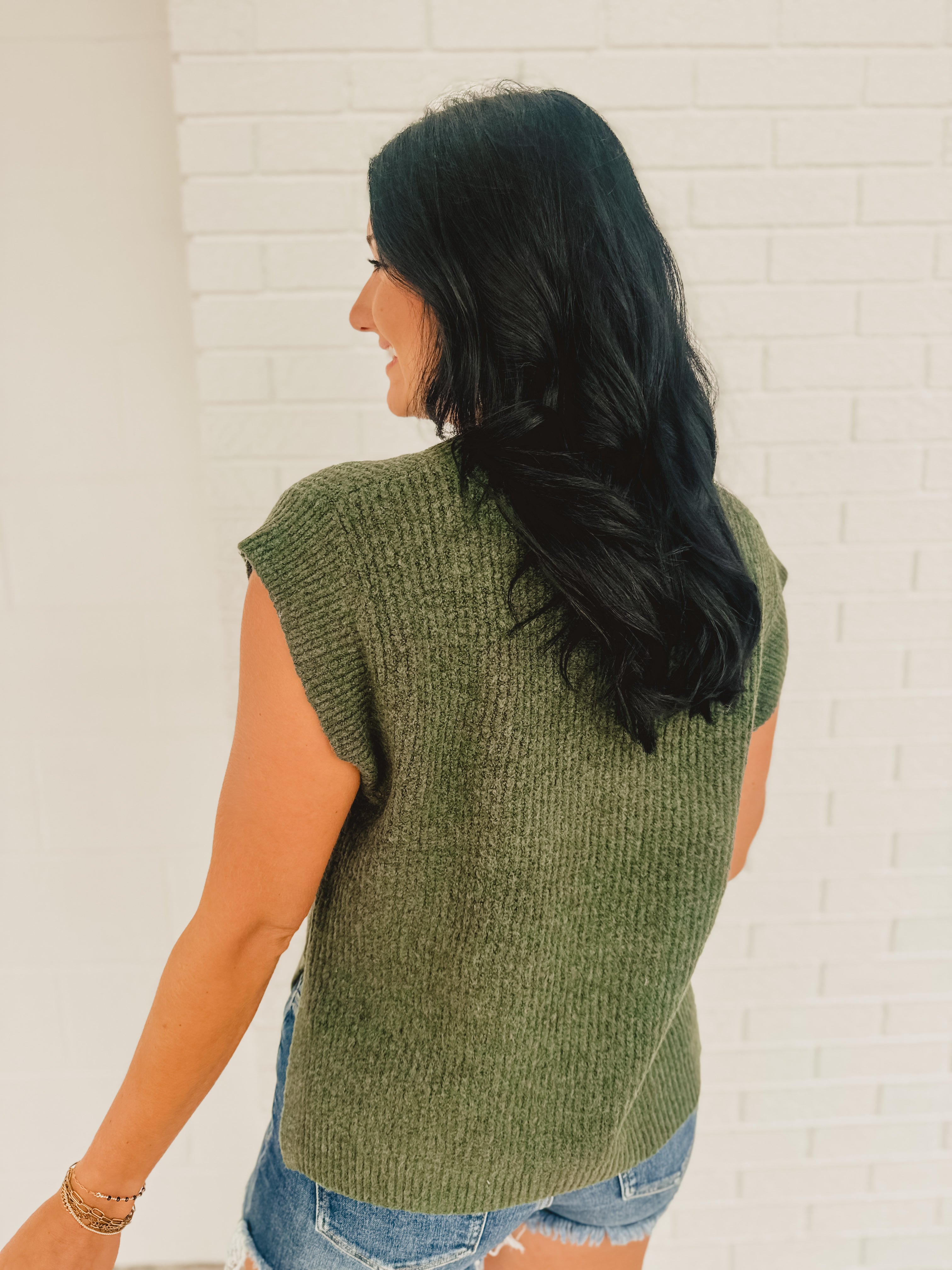 Oversized Side Slit Sweater Vest - Dark Olive - Lace and Grace Boutique