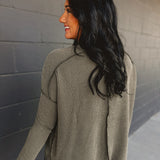 Ribbed Raw Edge Long Sleeve Top - Dark Olive