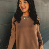 Ribbed Raw Edge Long Sleeve Top - Brown