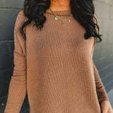 Ribbed Raw Edge Long Sleeve Top - Brown