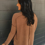 Ribbed Raw Edge Long Sleeve Top - Brown