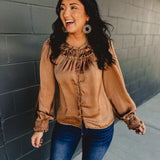 Satin Puff Sleeve Button Up Blouse - Mocha Mousse