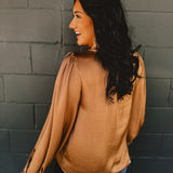 Satin Puff Sleeve Button Up Blouse - Mocha Mousse