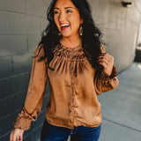 Satin Puff Sleeve Button Up Blouse - Mocha Mousse