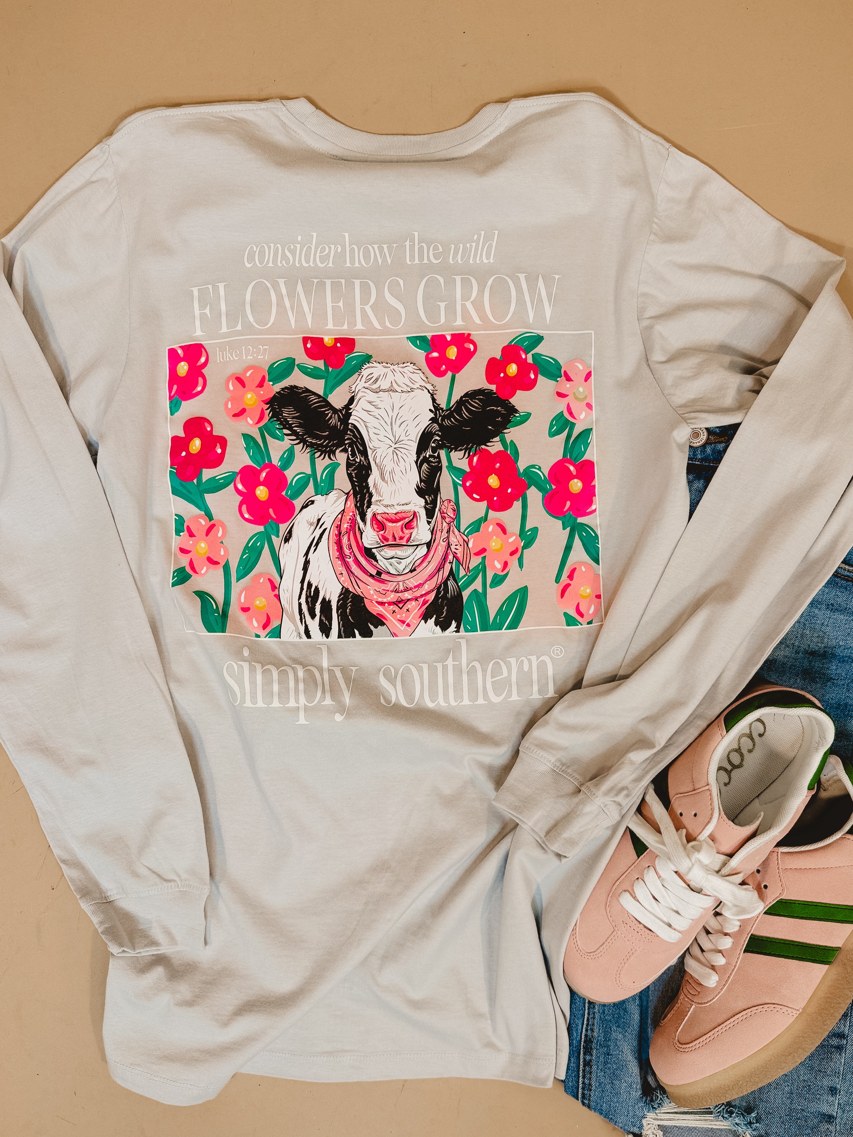 Simply Southern Long Sleeve Floral Cow Graphic Tee - Whitewater - Lace and Grace Boutique