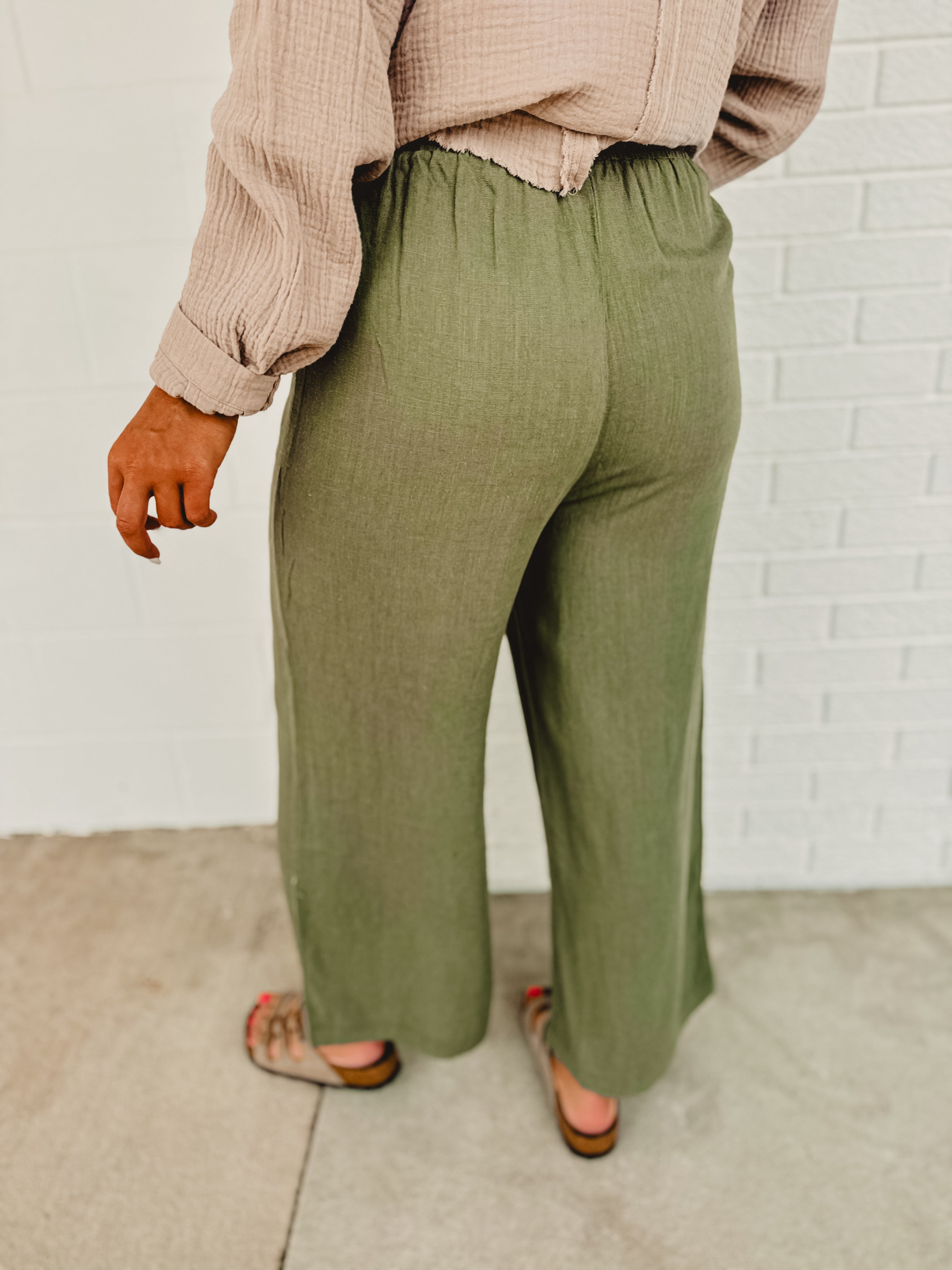 Wide-Leg Linen Blend Drawstring Pants - Light Olive - Lace and Grace Boutique