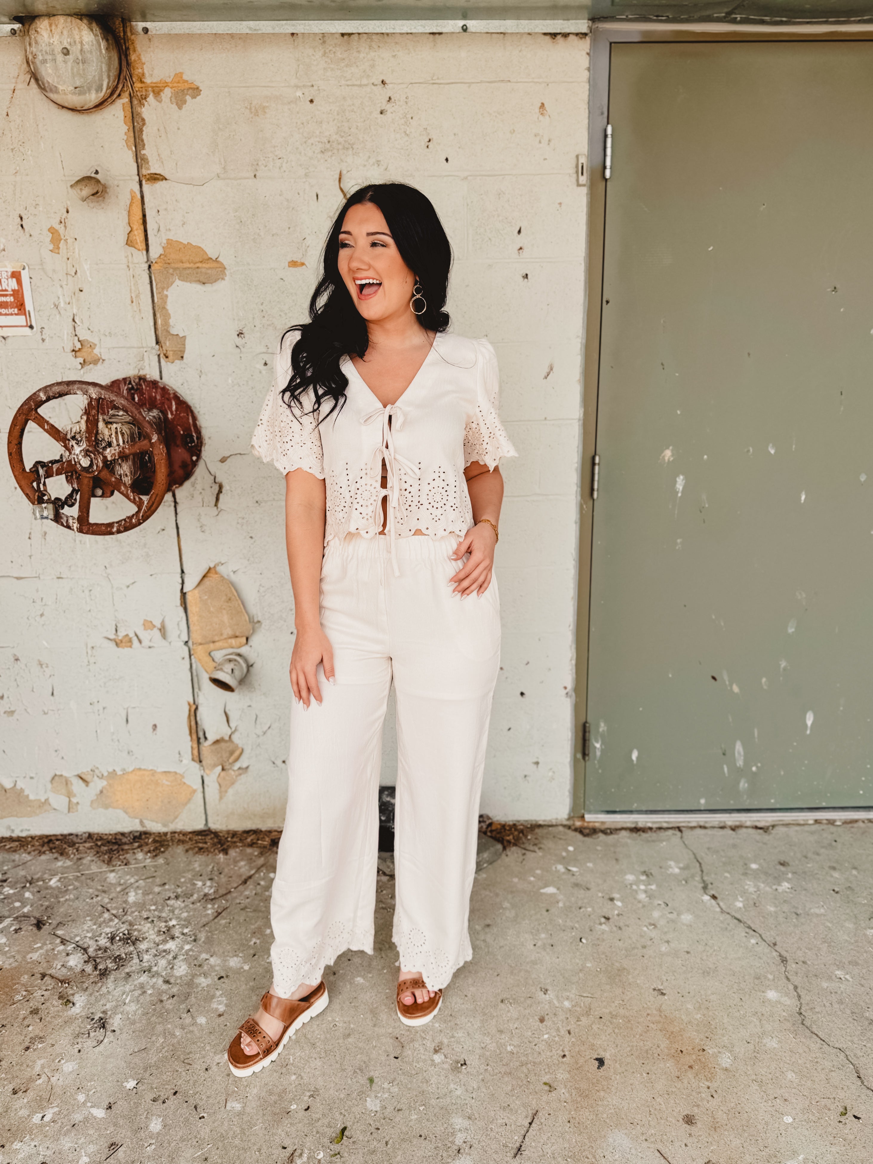 Eyelet Trim Top & Pant Set - Natural - Lace and Grace Boutique