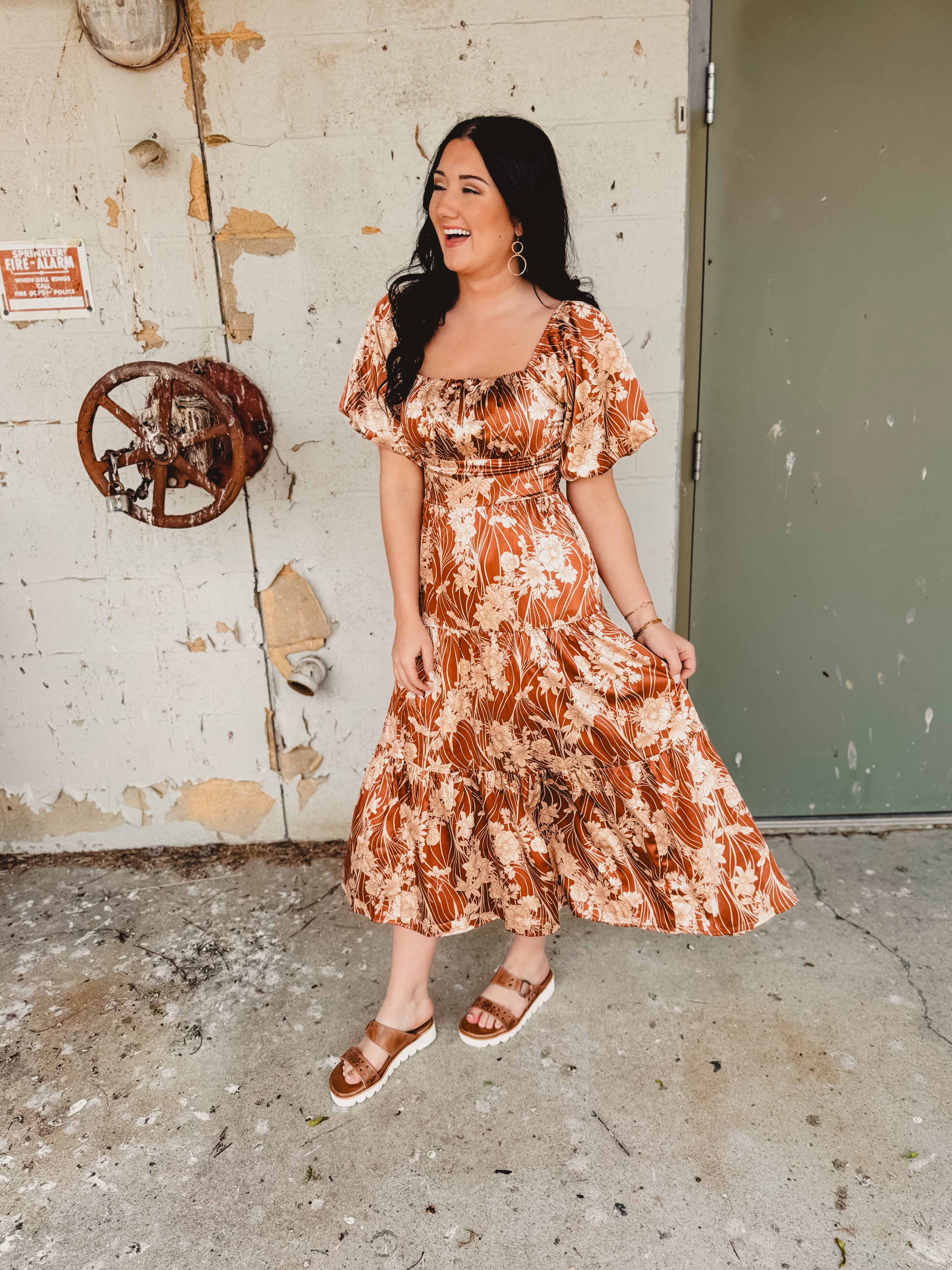 Puff Sleeve Floral Silky Maxi Dress - Butterscotch - Lace and Grace Boutique