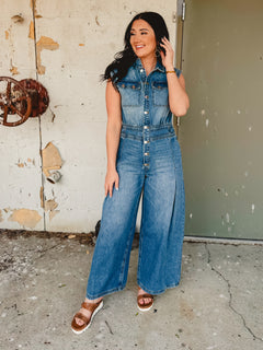 Denim Tailored Jumpsuit - Light Wash - Lace and Grace Boutique