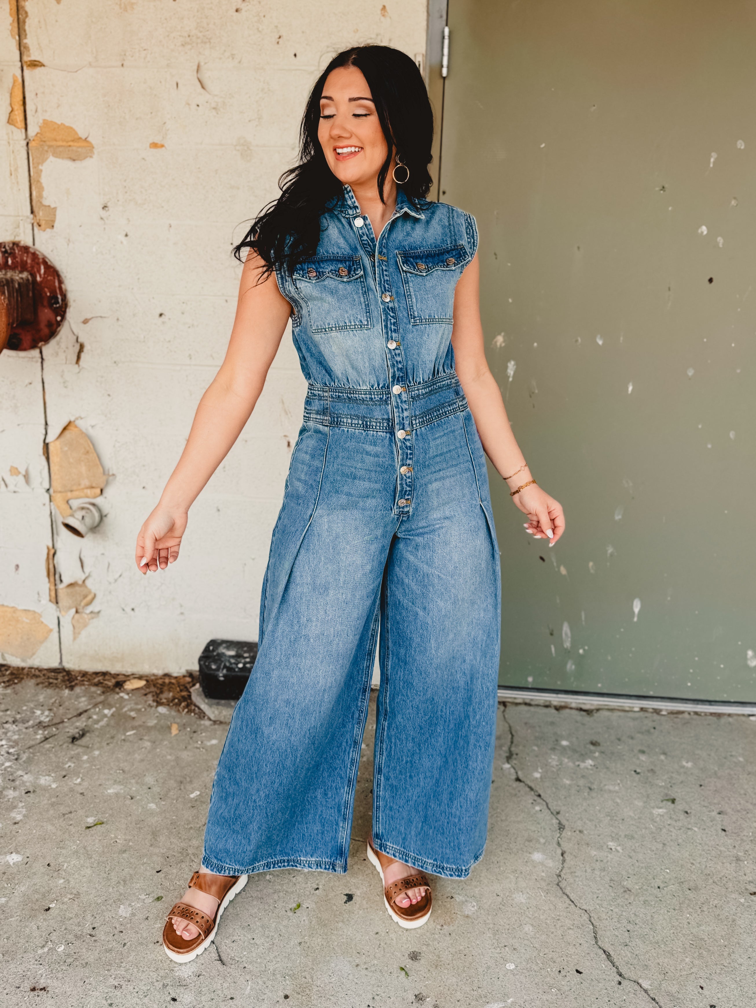 Denim Tailored Jumpsuit - Light Wash - Lace and Grace Boutique