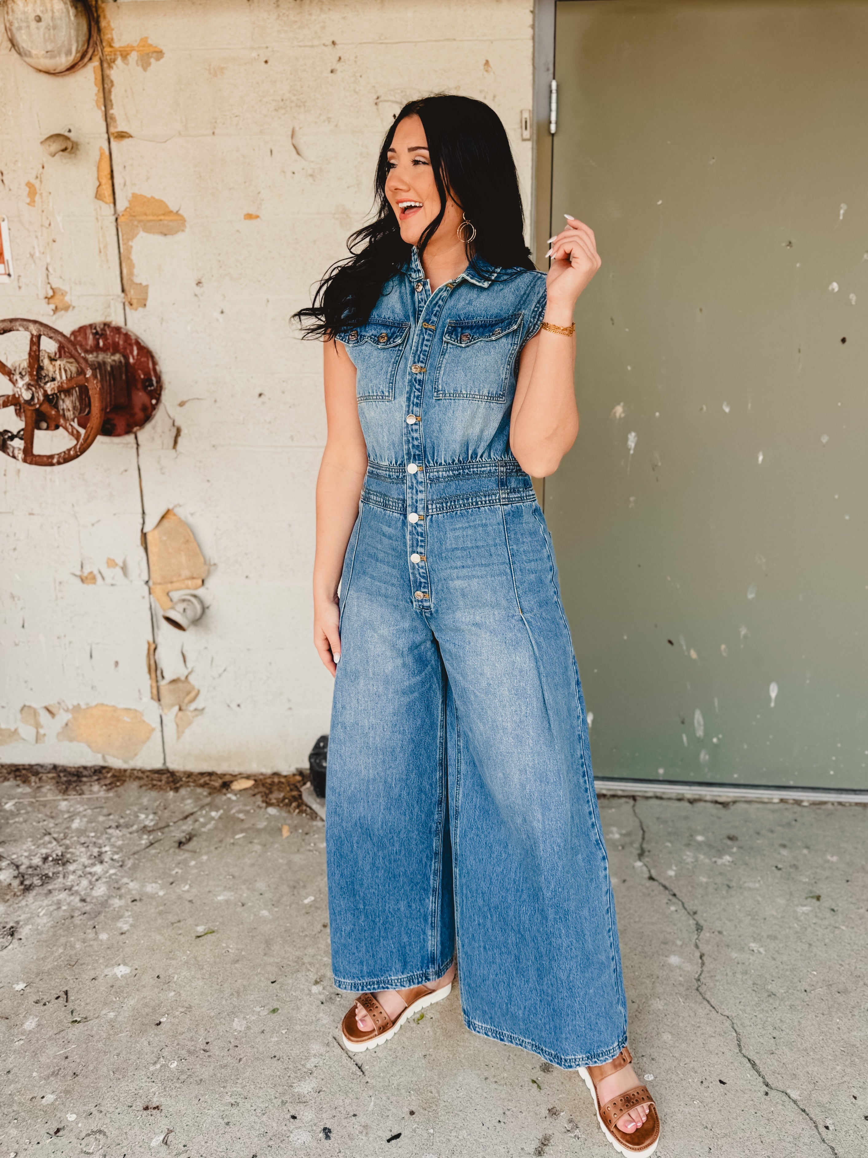 Denim Tailored Jumpsuit - Light Wash - Lace and Grace Boutique