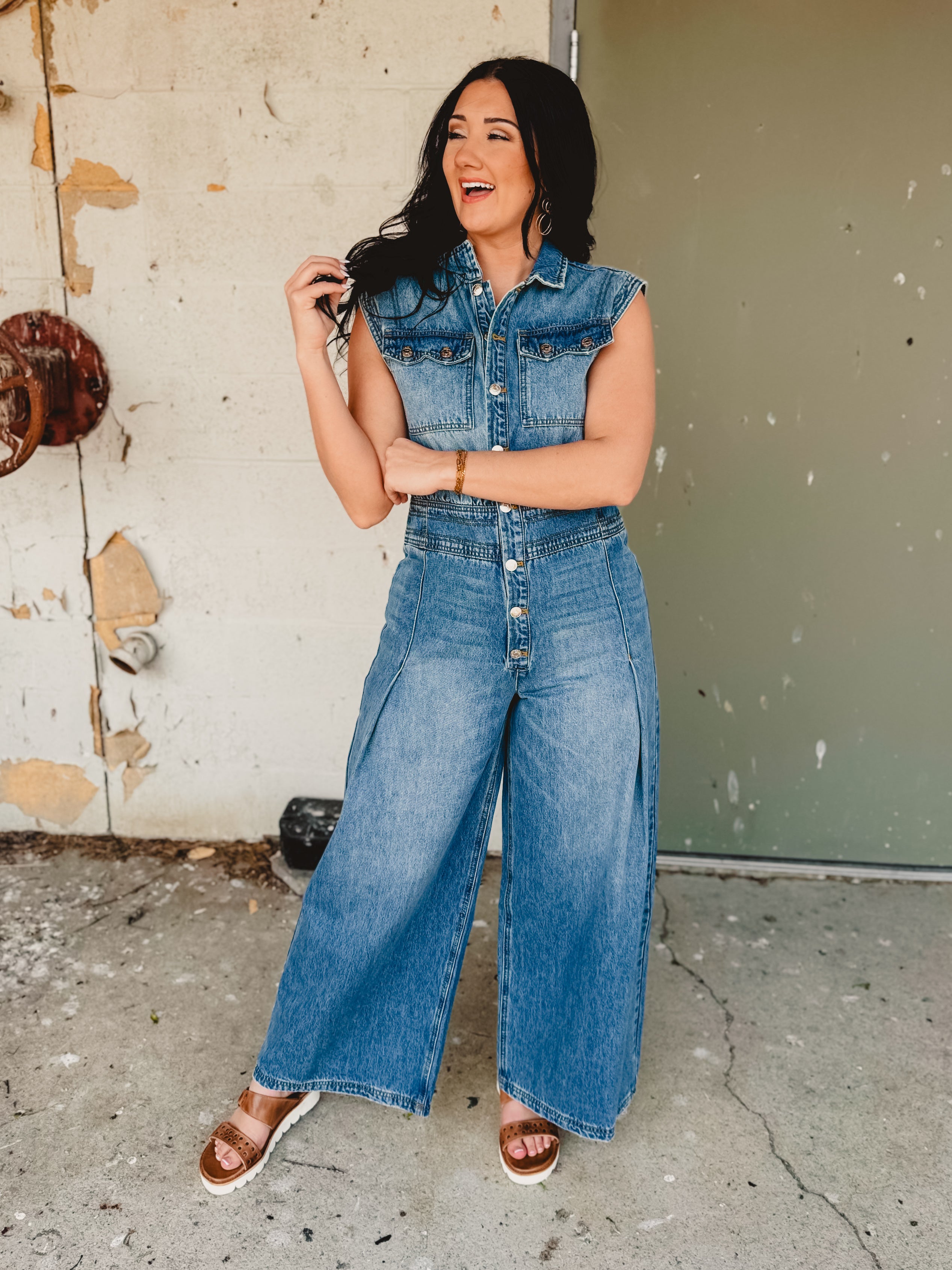 Denim Tailored Jumpsuit - Light Wash - Lace and Grace Boutique