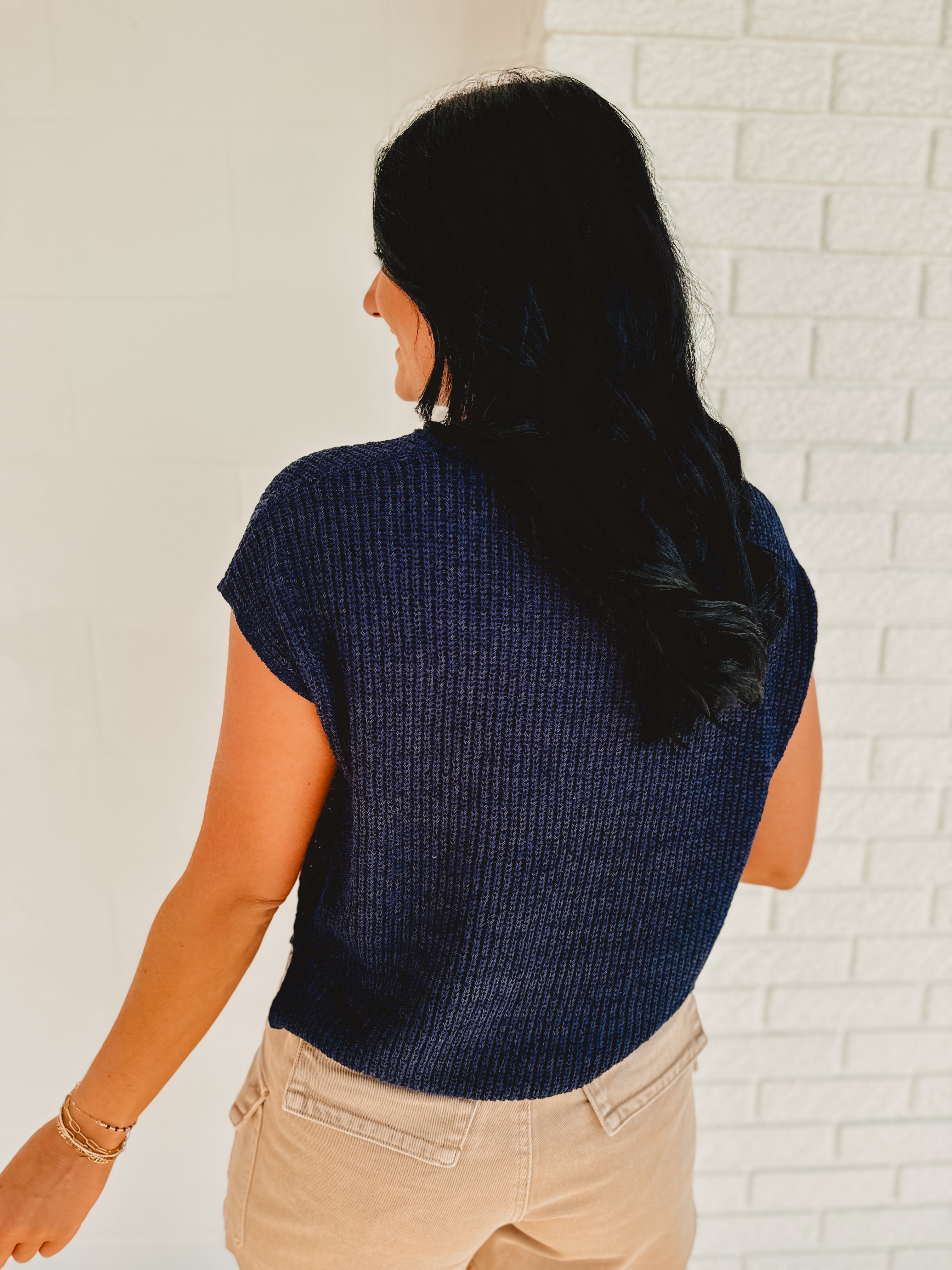 Split Neck Short Sleeve Knit Pullover - Navy - Lace and Grace Boutique