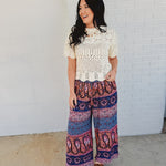Boho Smocking Waist Wide Leg Pants - Blue/Mauve - Lace and Grace Boutique