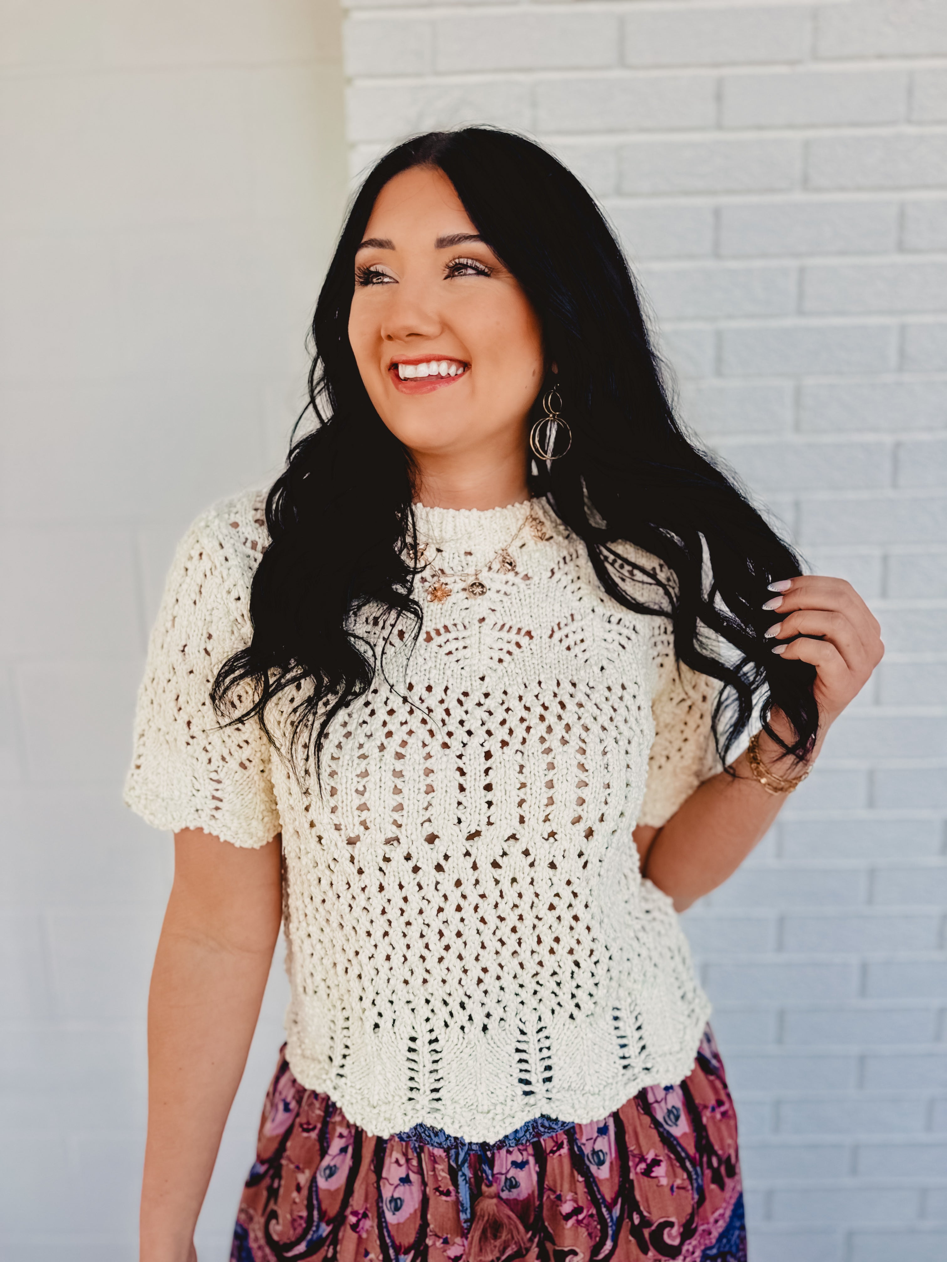 Sheer Knit Sweater Scalloped Hem Bottom - Cream - Lace and Grace Boutique