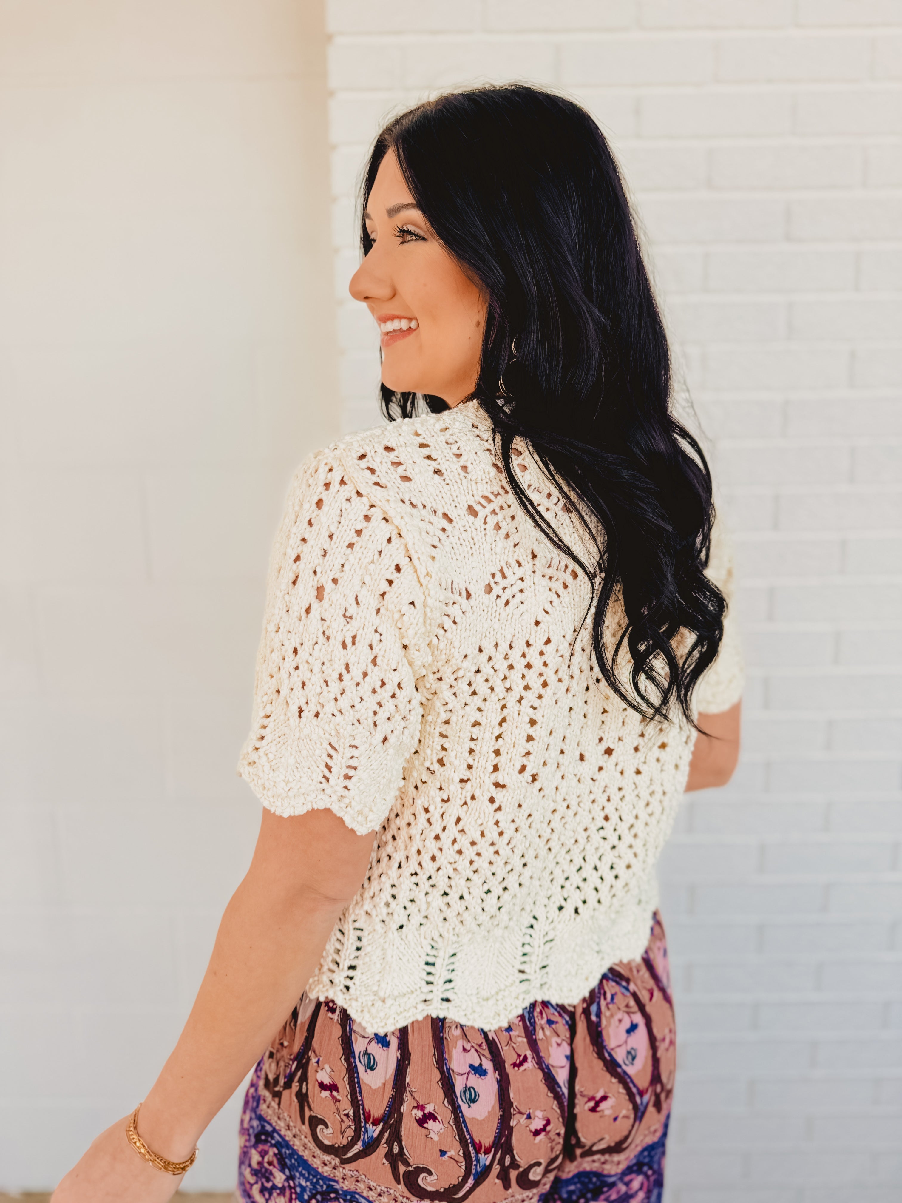 Sheer Knit Sweater Scalloped Hem Bottom - Cream - Lace and Grace Boutique