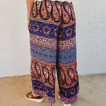 Boho Smocking Waist Wide Leg Pants - Blue/Mauve - Lace and Grace Boutique
