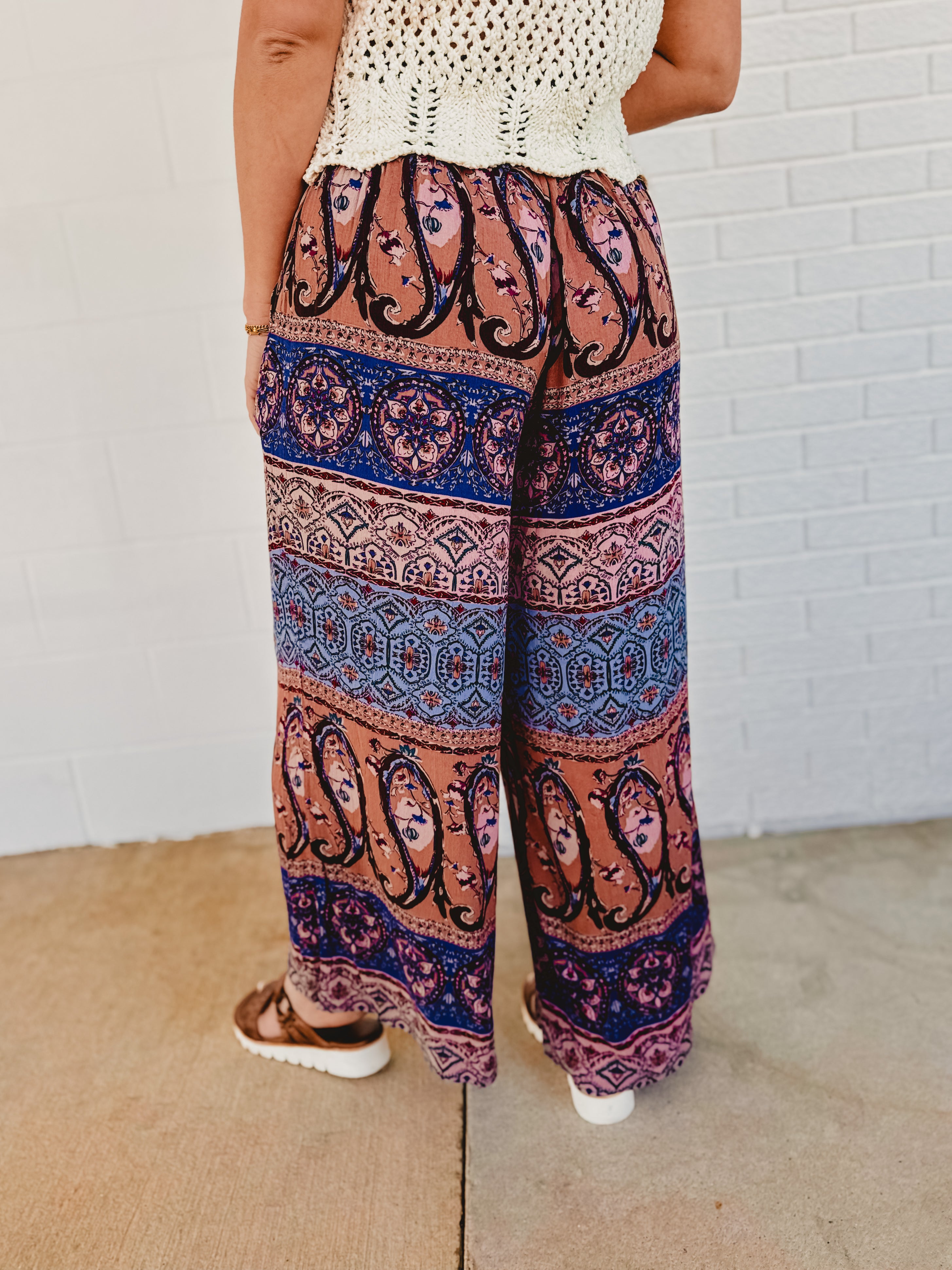 Boho Smocking Waist Wide Leg Pants - Blue/Mauve - Lace and Grace Boutique