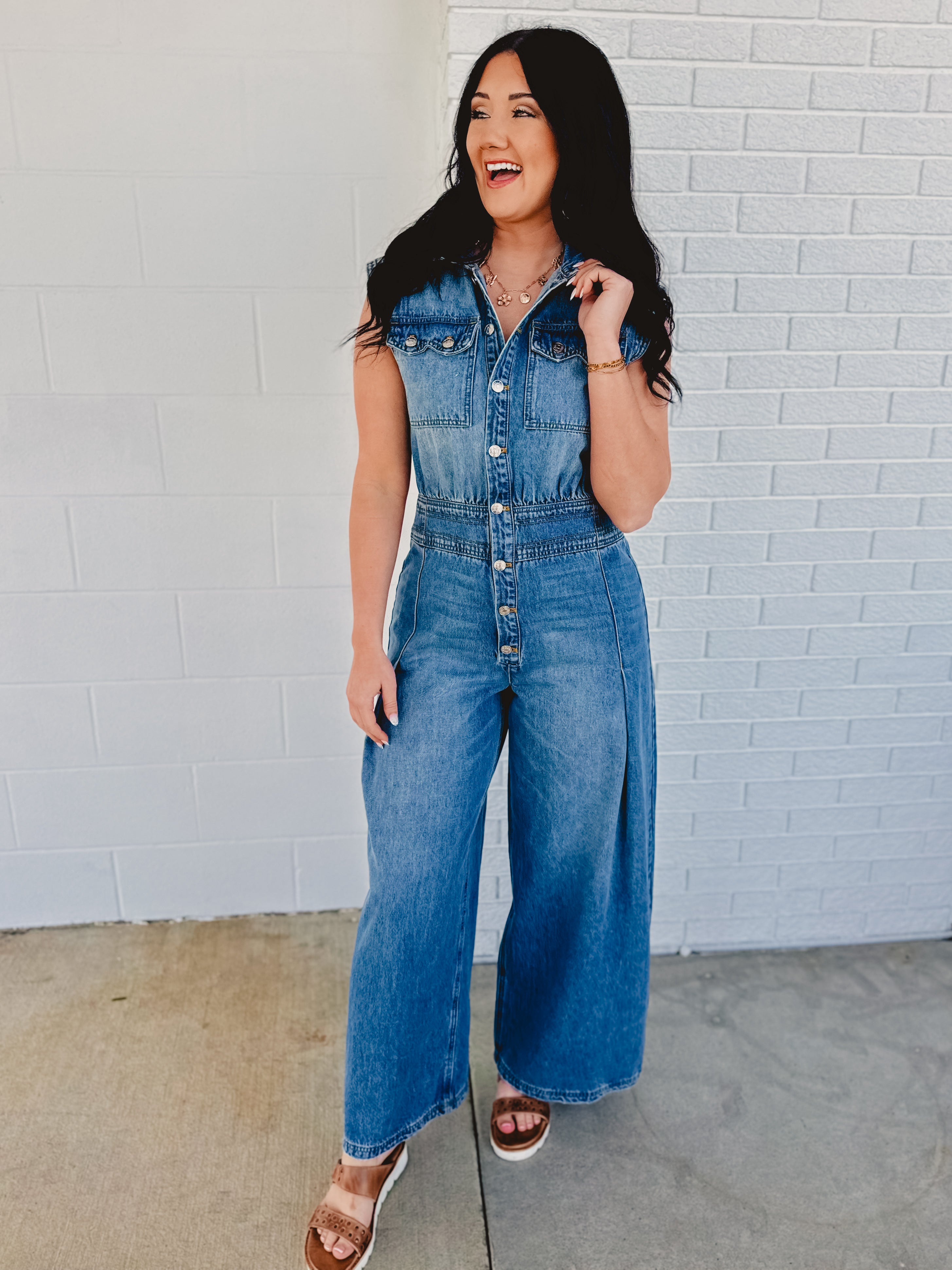Denim Tailored Jumpsuit - Light Wash - Lace and Grace Boutique