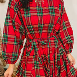 Christmas Plaid Belted Mini Dress - Red Multi