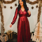 Sequin V-Neck Long Sleeve Maxi Dress - Merlot