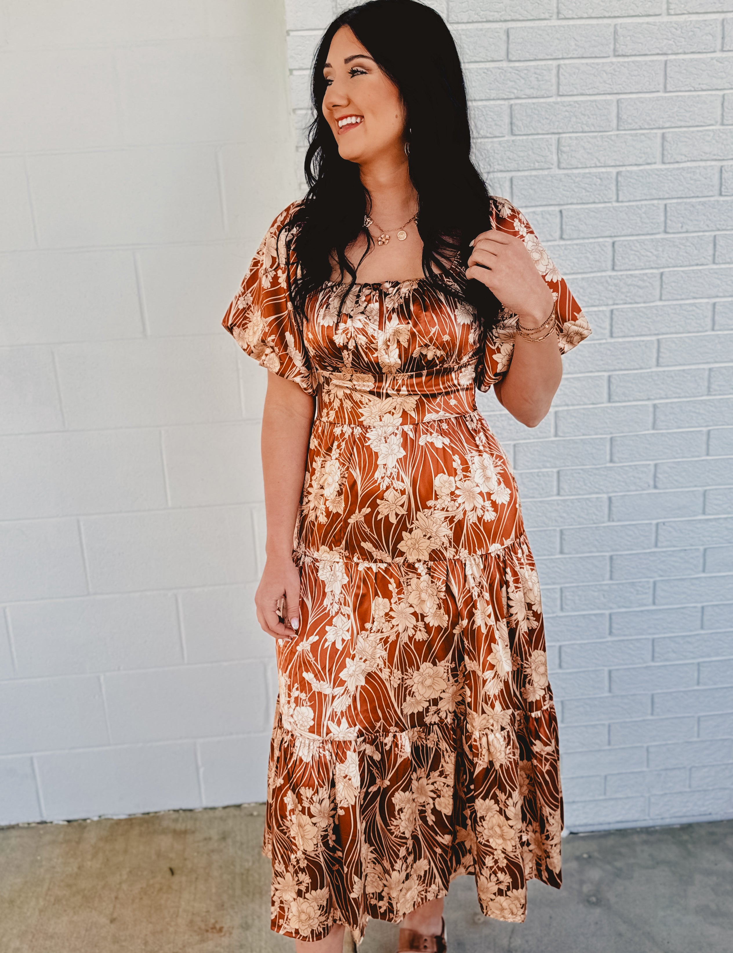 Puff Sleeve Floral Silky Maxi Dress - Butterscotch - Lace and Grace Boutique