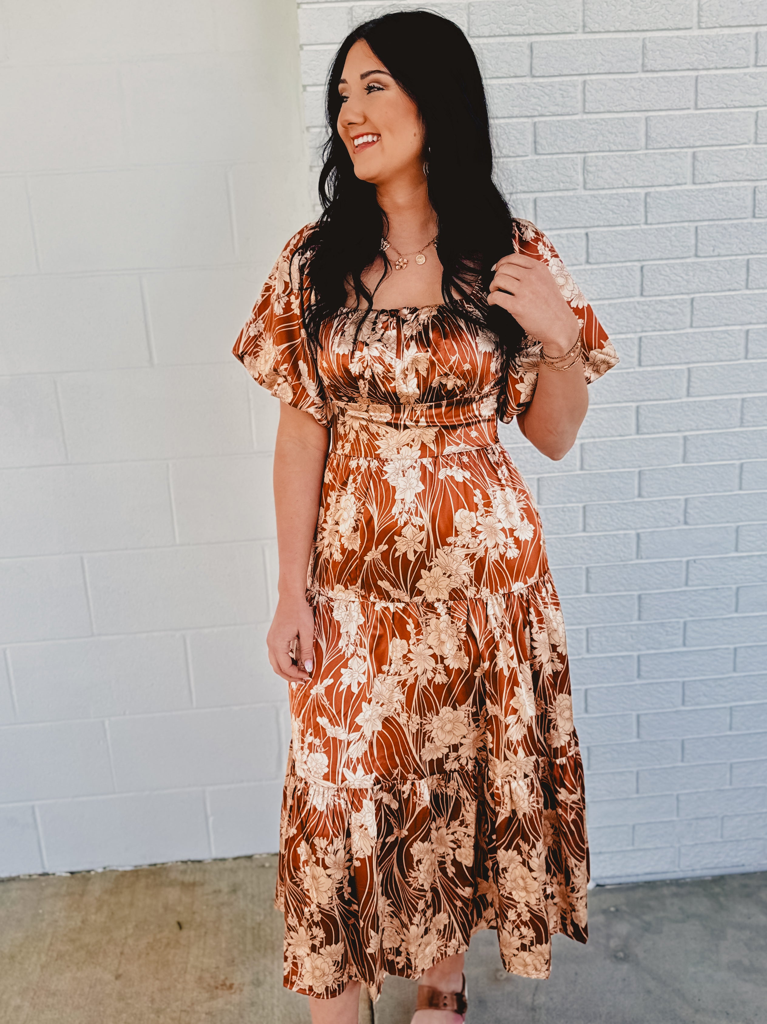 Puff Sleeve Floral Silky Maxi Dress - Butterscotch - Lace and Grace Boutique