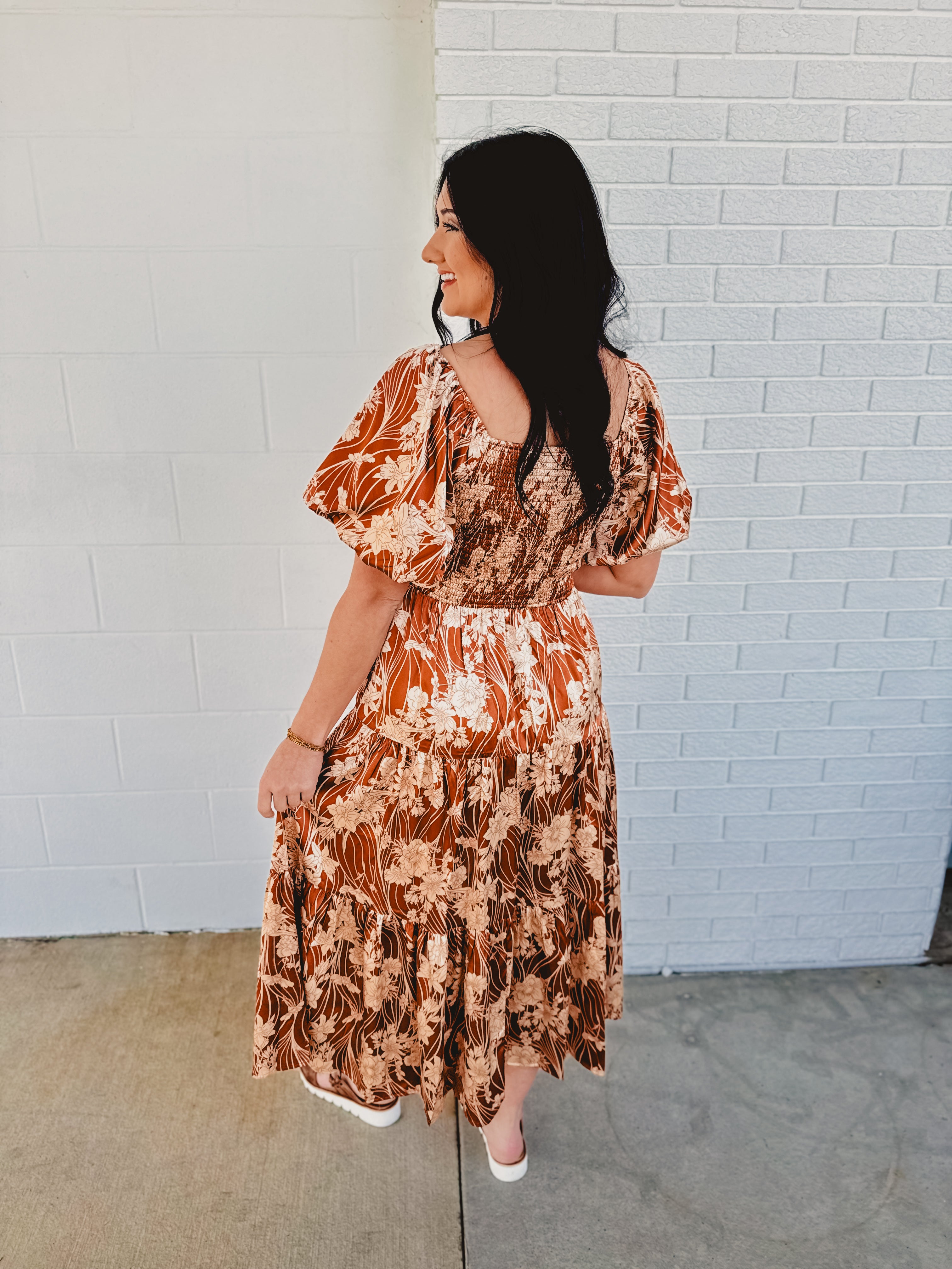 Puff Sleeve Floral Silky Maxi Dress - Butterscotch - Lace and Grace Boutique