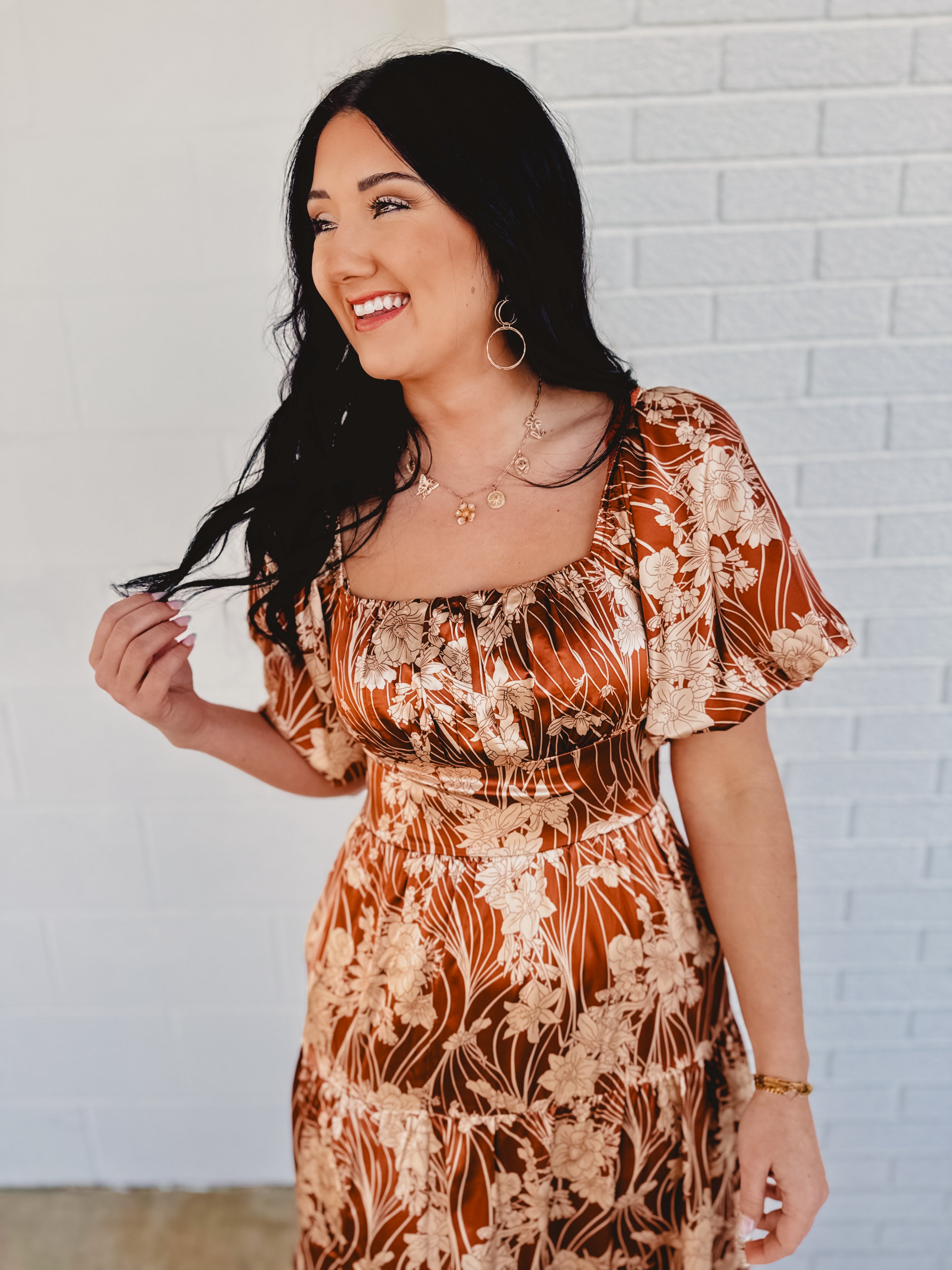 Puff Sleeve Floral Silky Maxi Dress - Butterscotch - Lace and Grace Boutique