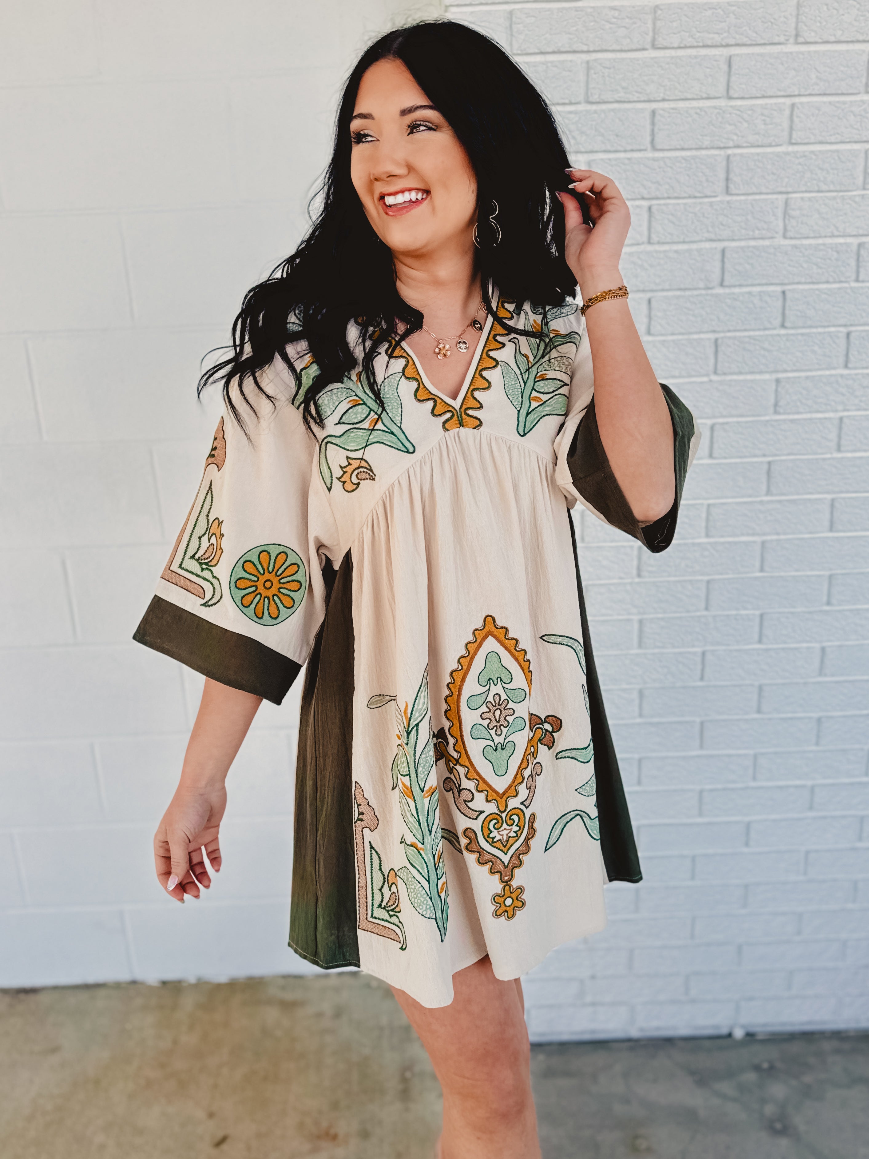 Boho Embroidered Babydoll Dress - Sage - Lace and Grace Boutique