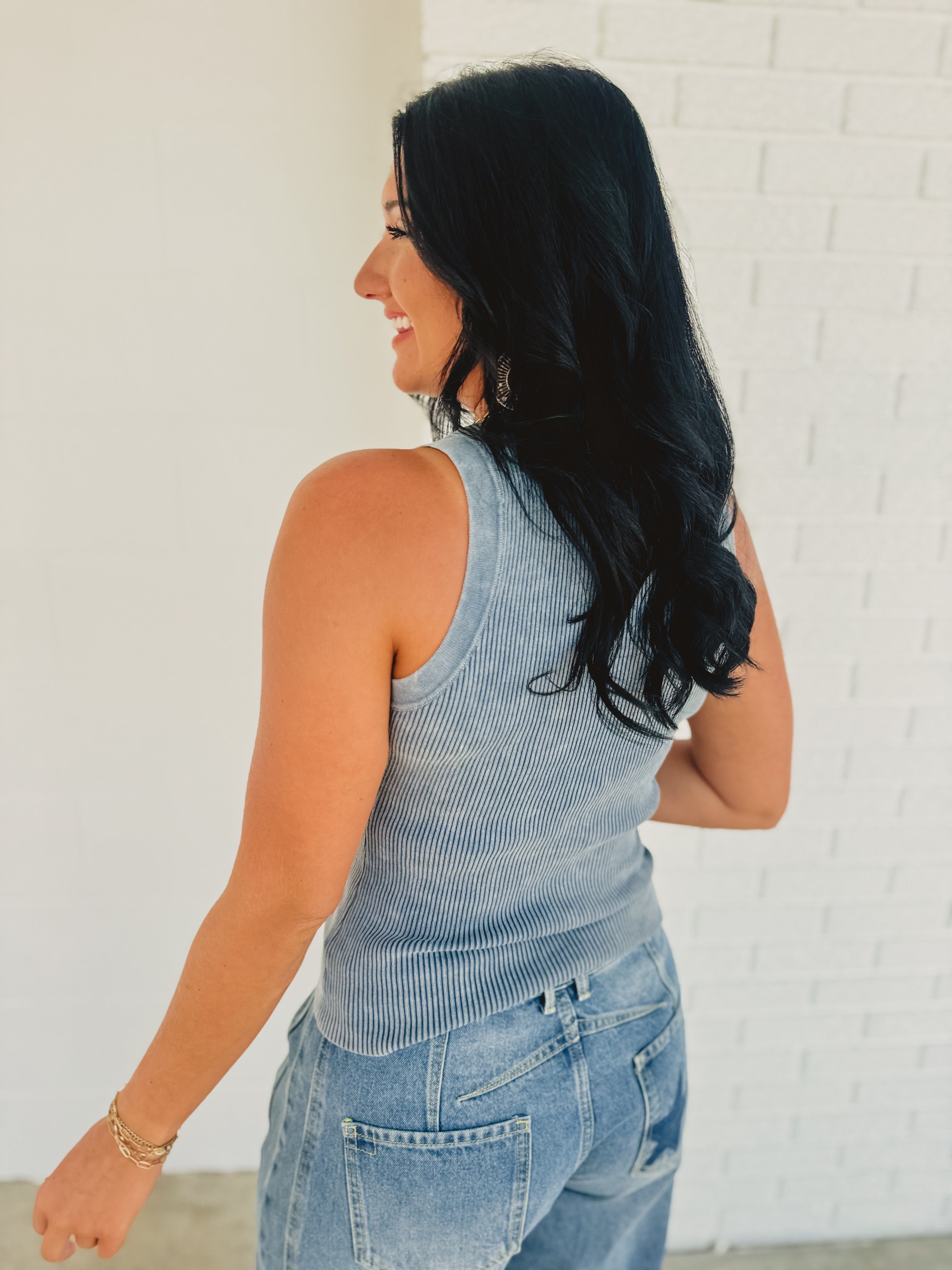Washed Ribbed Knit Tank - Dusty Blue - Lace and Grace Boutique