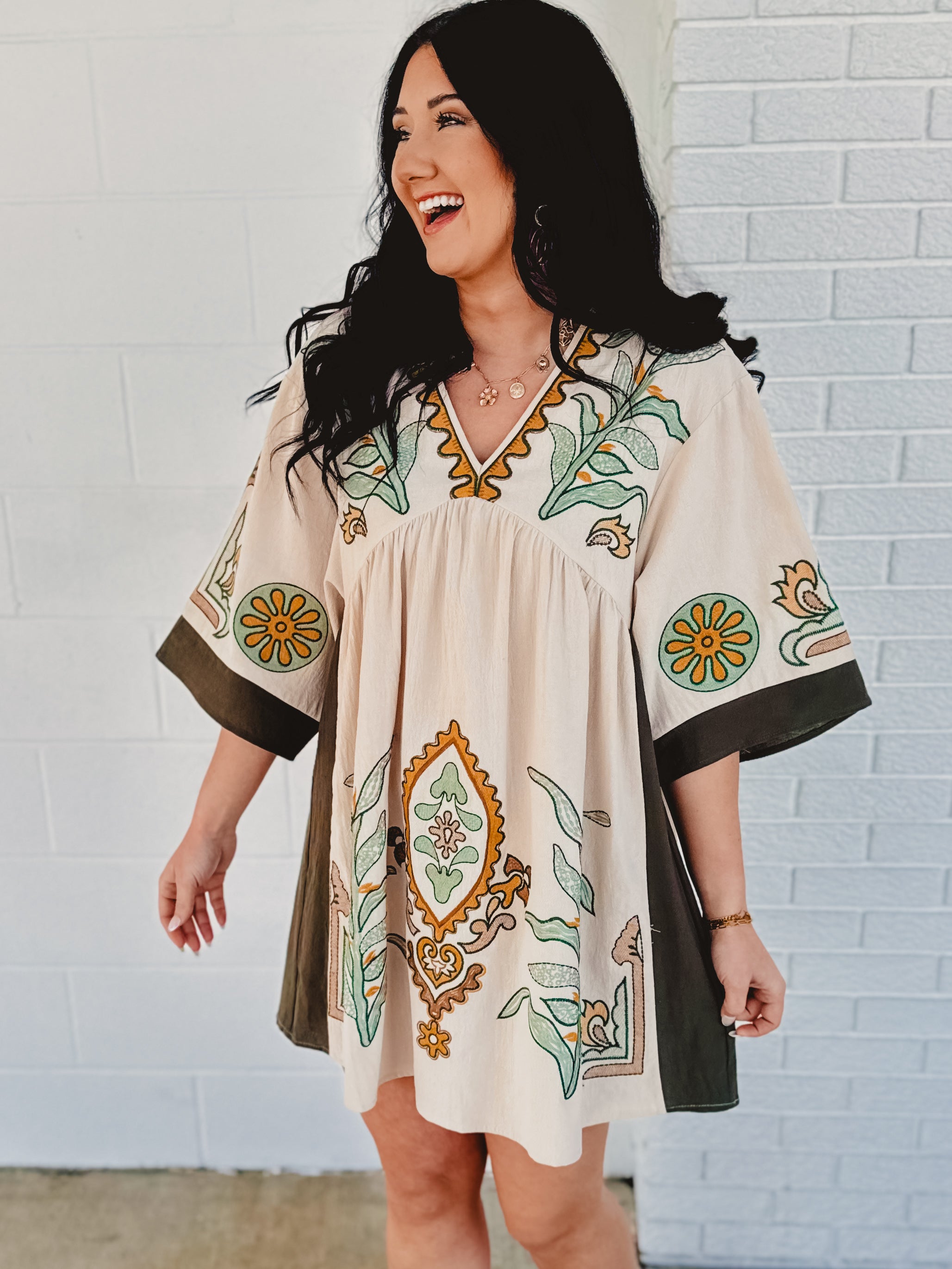 Boho Embroidered Babydoll Dress - Sage - Lace and Grace Boutique