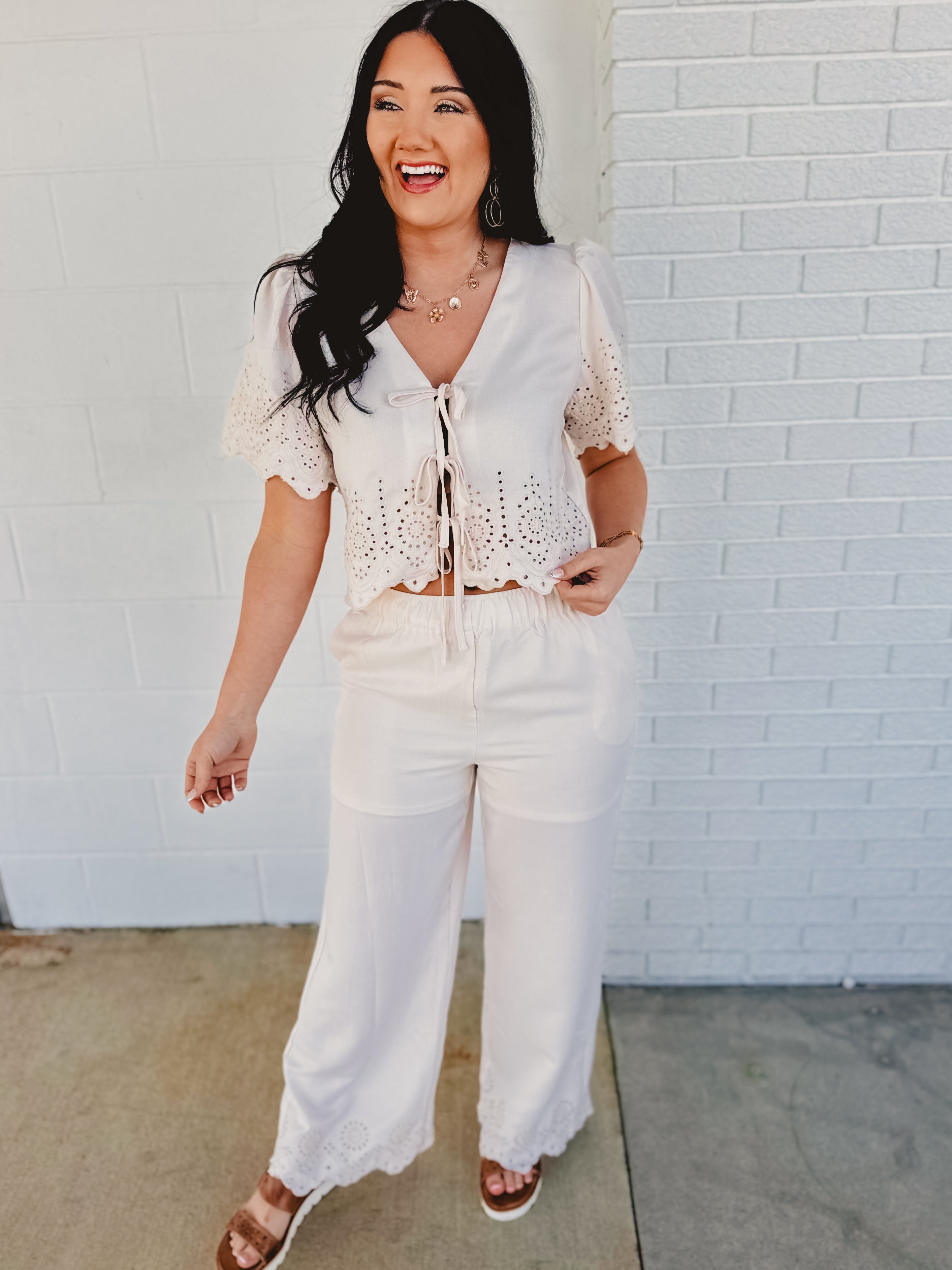 Eyelet Trim Top & Pant Set - Natural - Lace and Grace Boutique