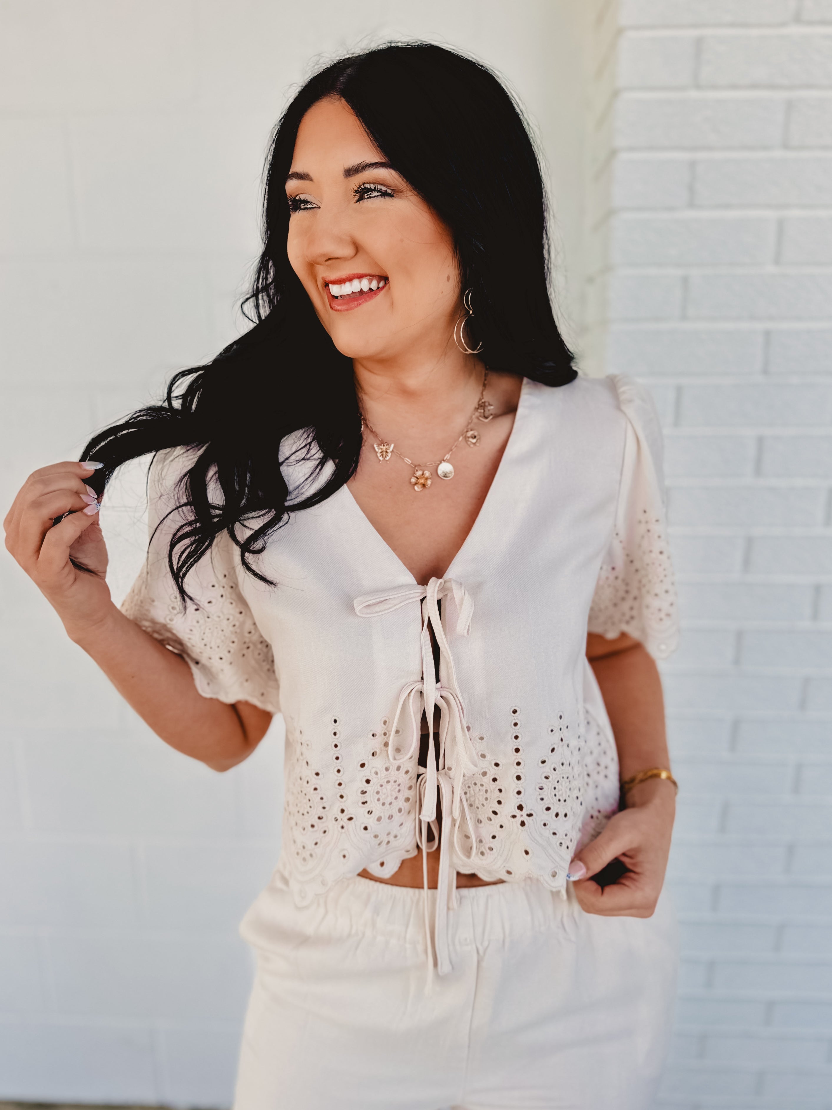 Eyelet Trim Top & Pant Set - Natural - Lace and Grace Boutique