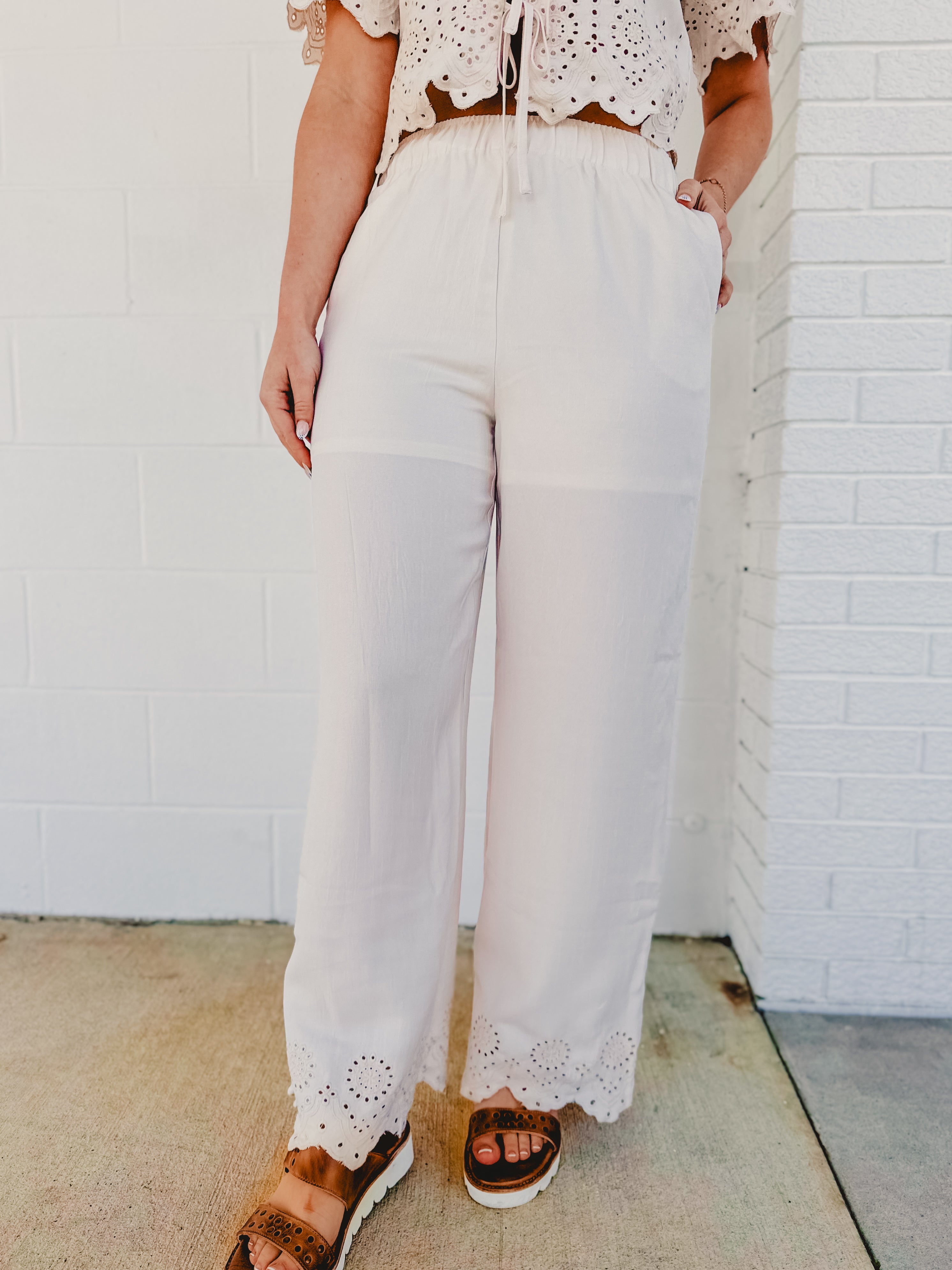 Eyelet Trim Top & Pant Set - Natural - Lace and Grace Boutique
