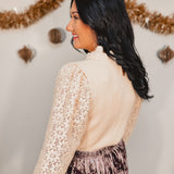 Mix Media Lace Sleeve Ribbed Sweater - Cream