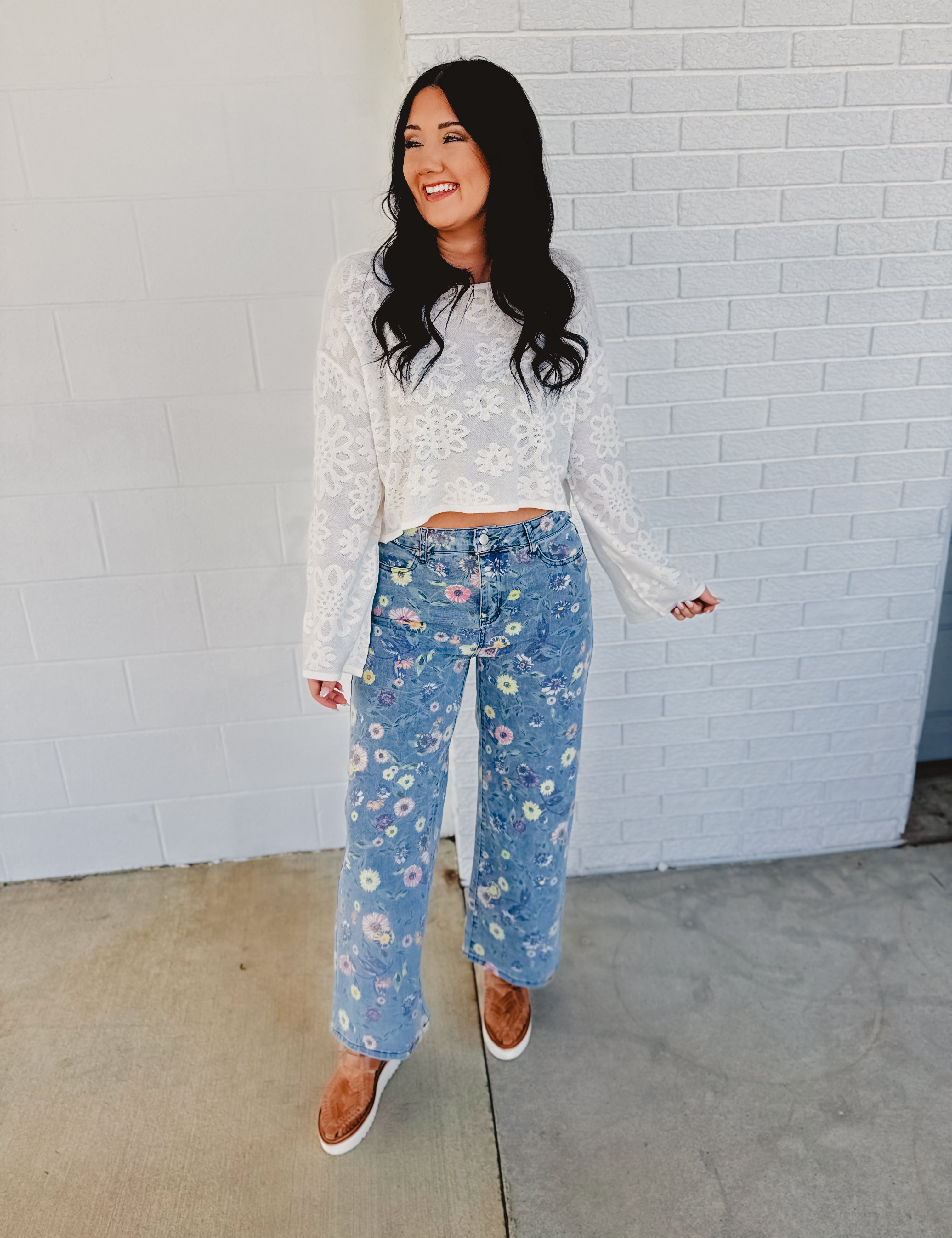 Allover Floral Denim Pants - Denim - Lace and Grace Boutique