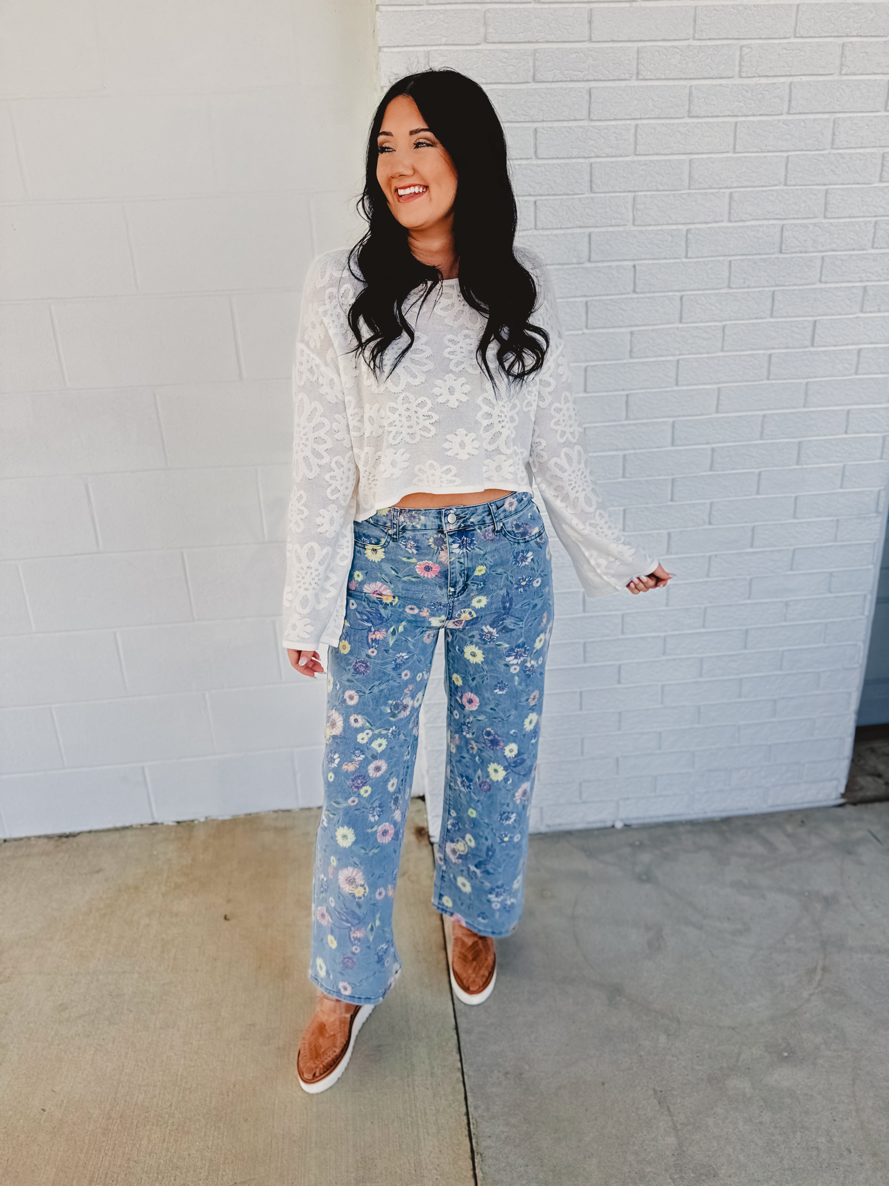 Allover Floral Denim Pants - Denim - Lace and Grace Boutique