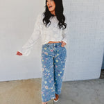 Allover Floral Denim Pants - Denim - Lace and Grace Boutique