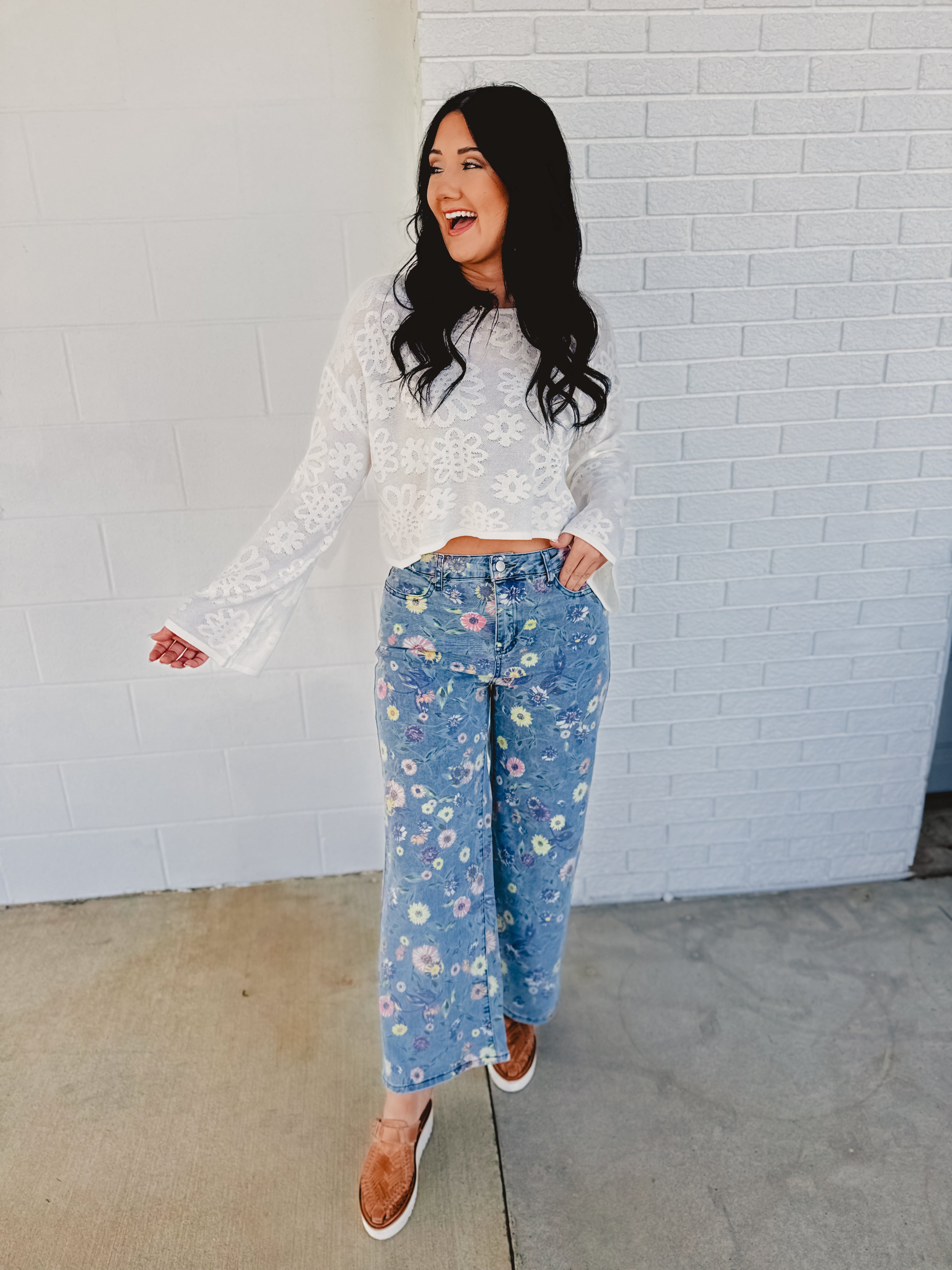 Allover Floral Denim Pants - Denim - Lace and Grace Boutique