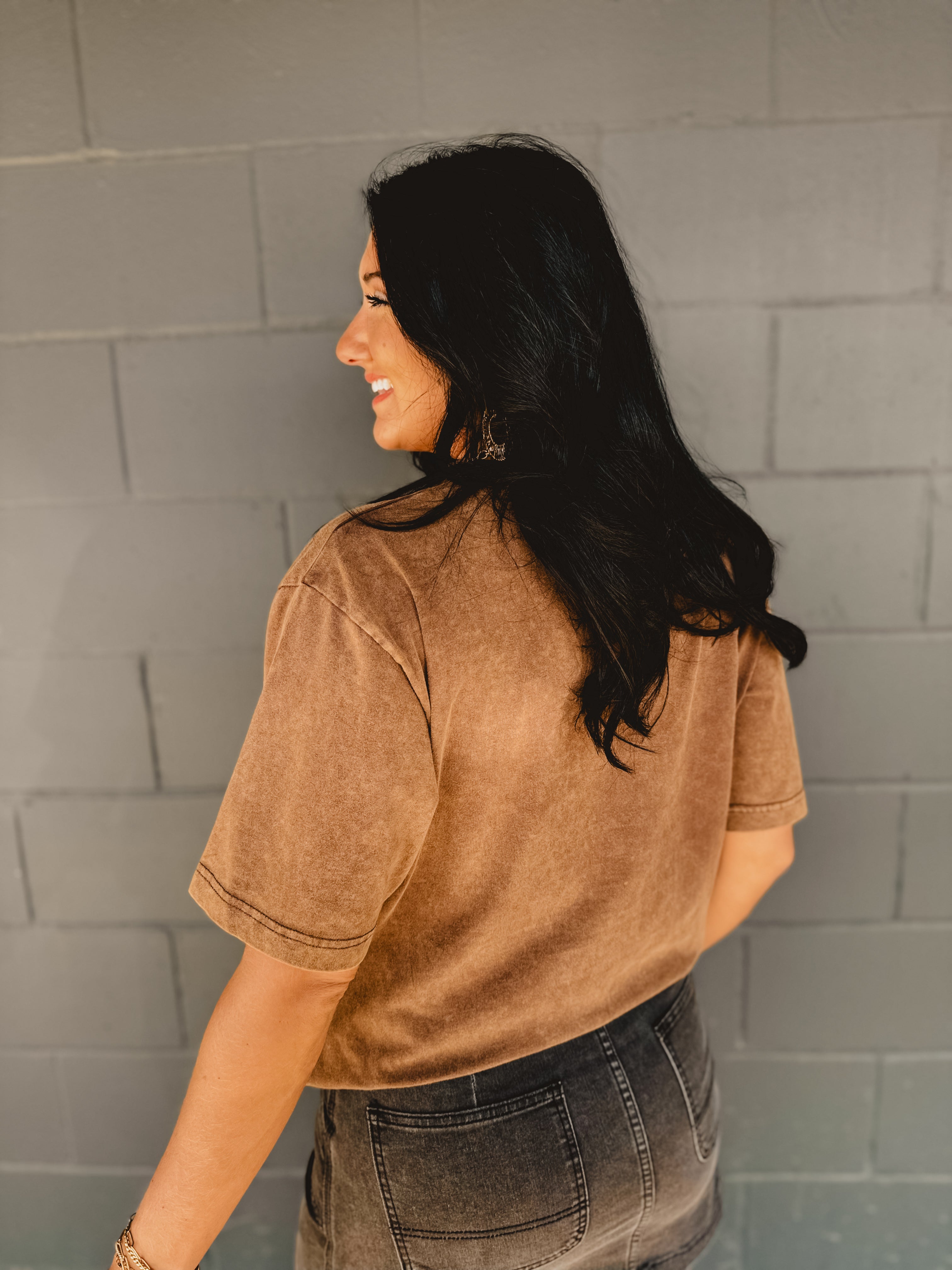 Cowboy Leopard Graphic Boyfriend Tee - Dark Brown - Lace and Grace Boutique