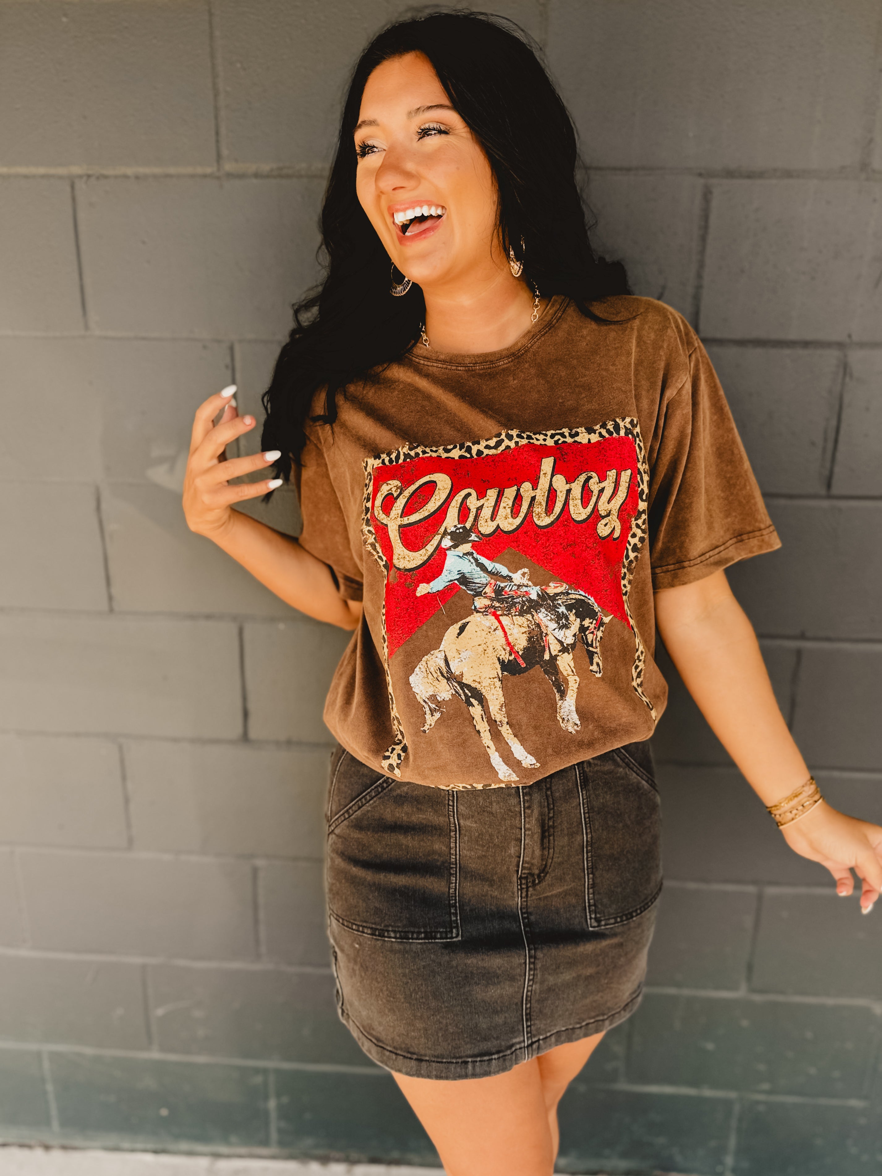 Cowboy Leopard Graphic Boyfriend Tee - Dark Brown - Lace and Grace Boutique