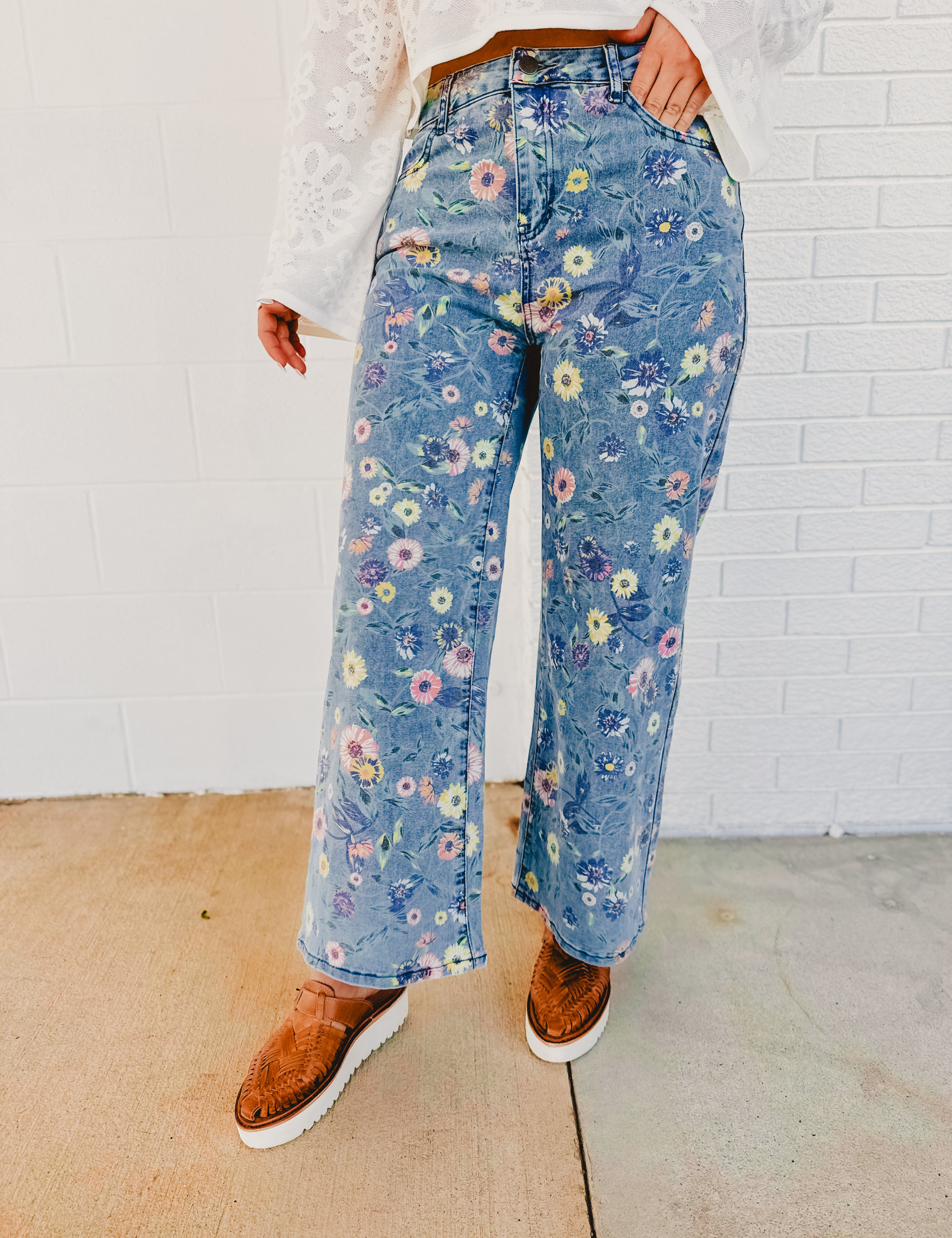 Allover Floral Denim Pants - Denim - Lace and Grace Boutique