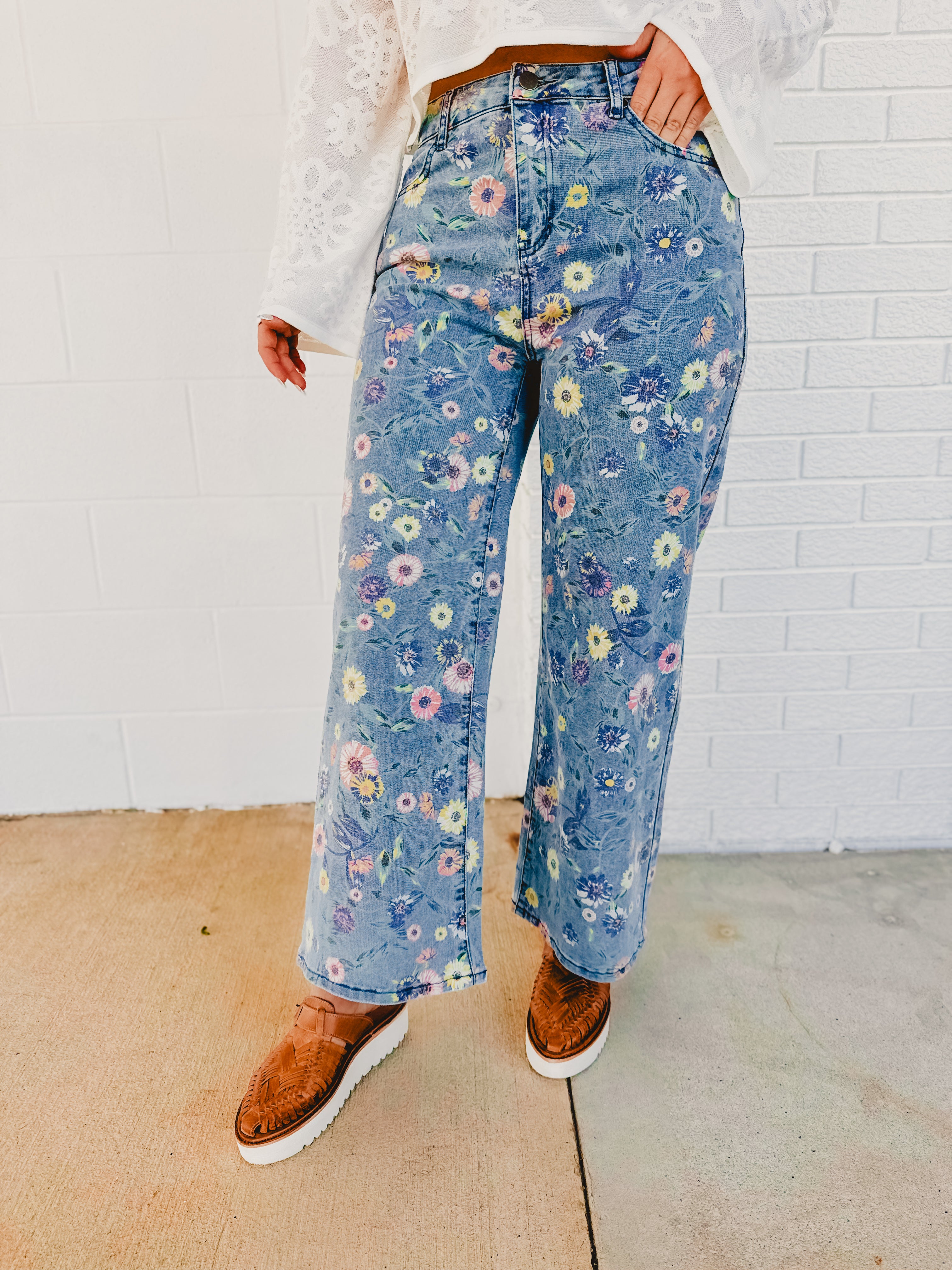 Allover Floral Denim Pants - Denim - Lace and Grace Boutique