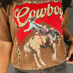 Cowboy Leopard Graphic Boyfriend Tee - Dark Brown - Lace and Grace Boutique