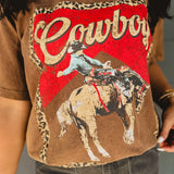 Cowboy Leopard Graphic Boyfriend Tee - Dark Brown - Lace and Grace Boutique