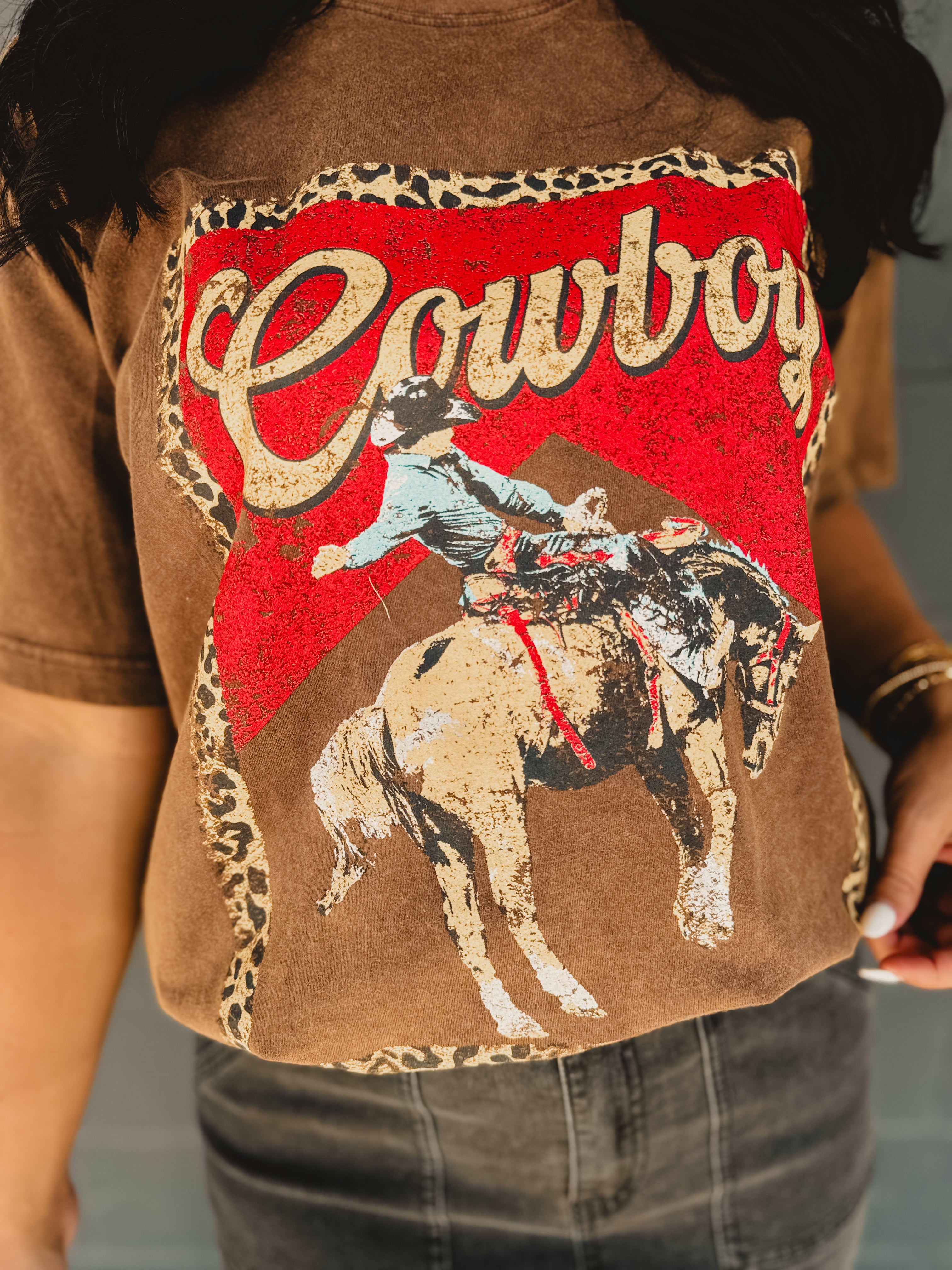 Cowboy Leopard Graphic Boyfriend Tee - Dark Brown - Lace and Grace Boutique