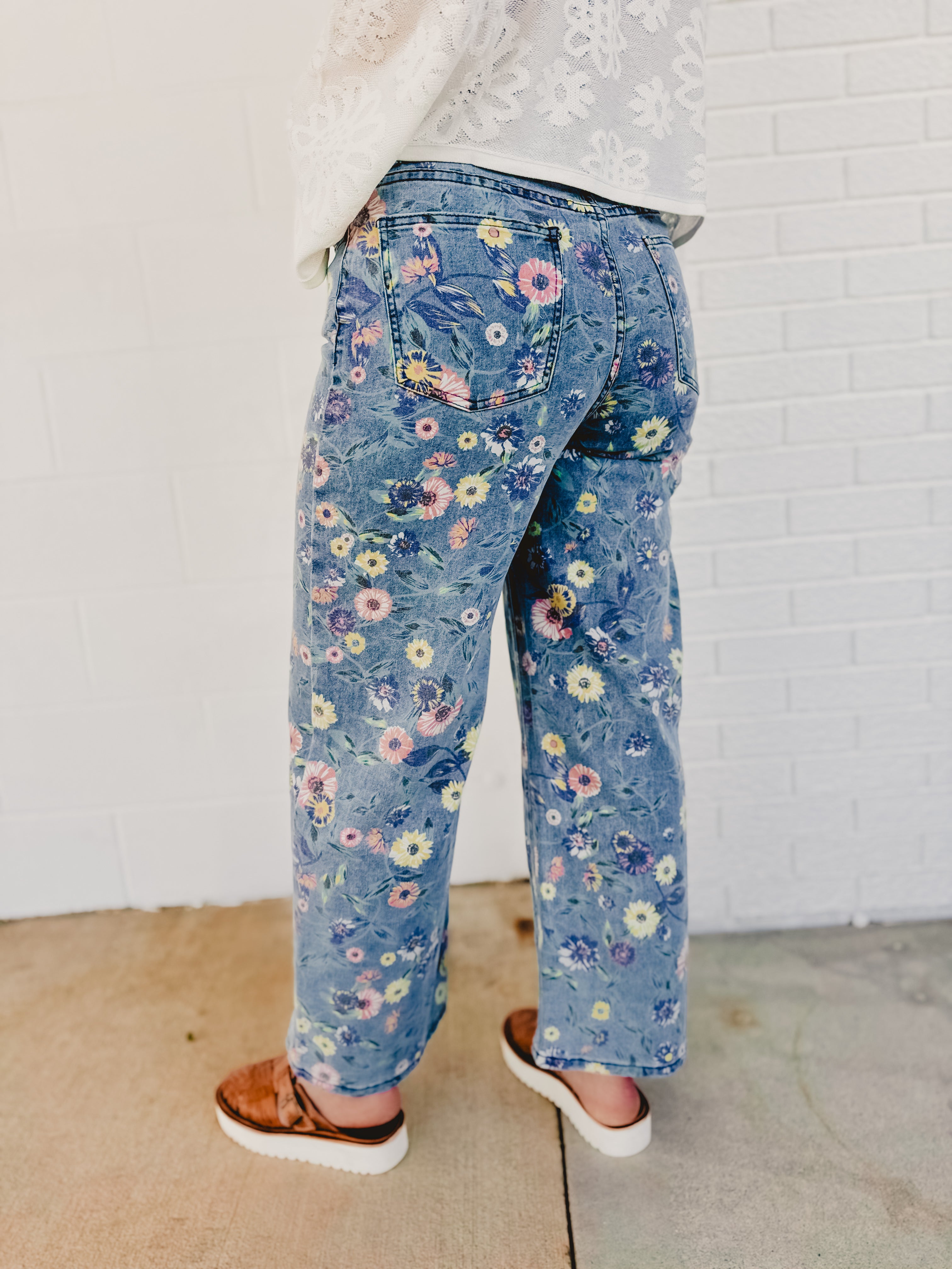 Allover Floral Denim Pants - Denim - Lace and Grace Boutique