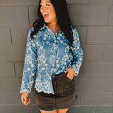 Button Down Floral Embroidered Denim Top - Lace and Grace Boutique